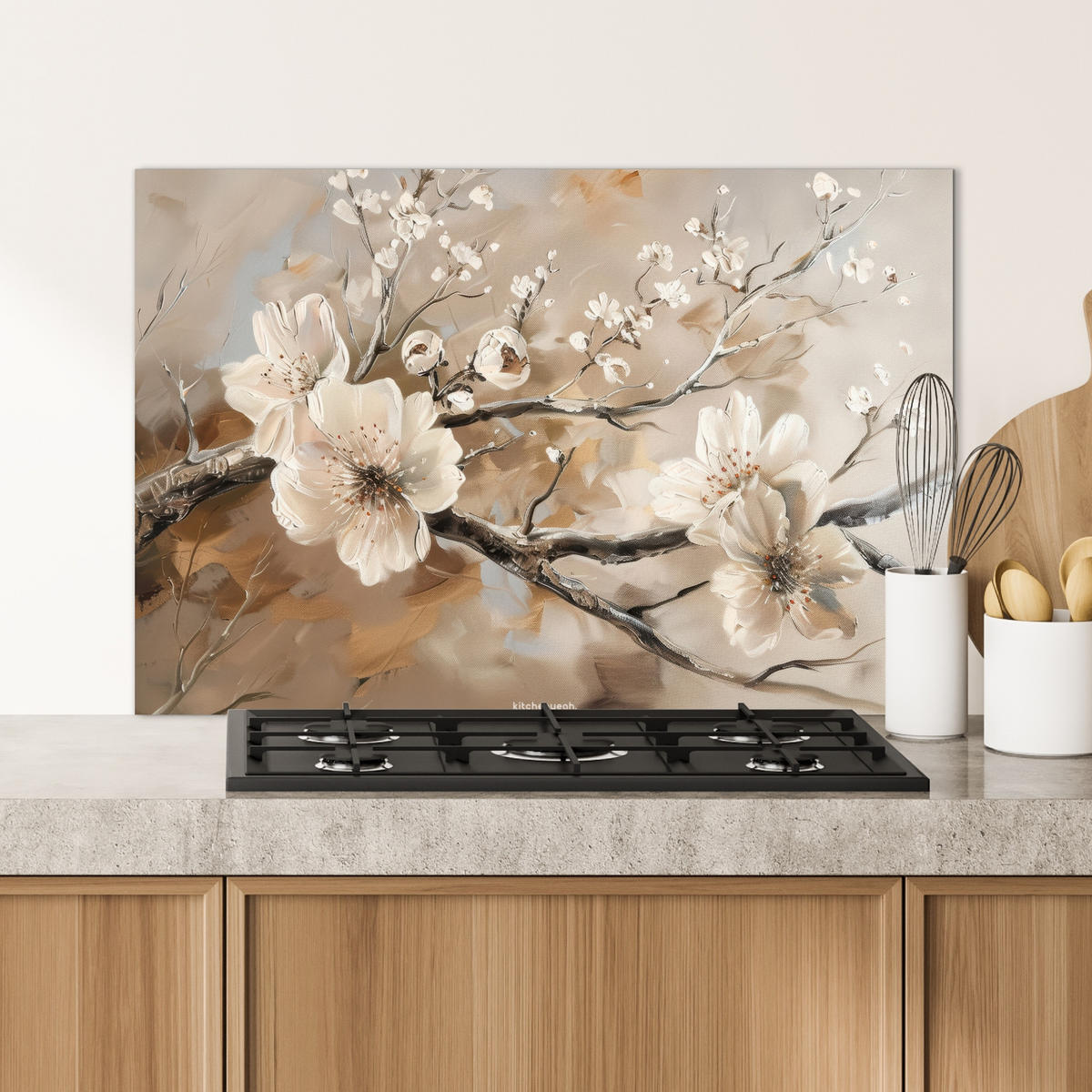 SPRITZSCHUTZ KÜCHE Blumen - Abstrakt - Gemalt - Beige 80x55 cm - Greige, Metall (80/0.3/55cm) - MuchoWow
