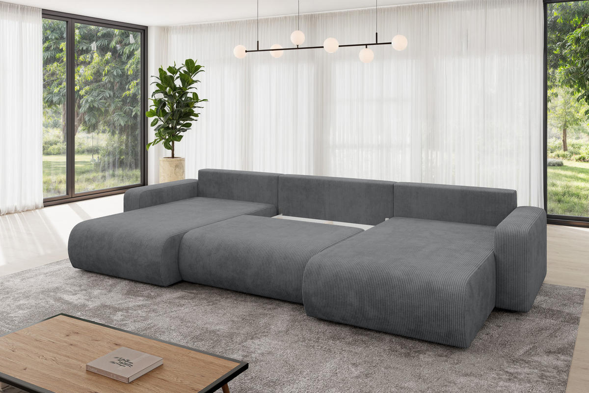 SEDACÍ SOUPRAVA DO U s funkcí spaní a úložným prostorem BERY-U 377x193x88 tmavě šedá manšestr - černá/tmavě šedá, kompozitní dřevo/textil (377/88/193cm) - ALTDECOR
