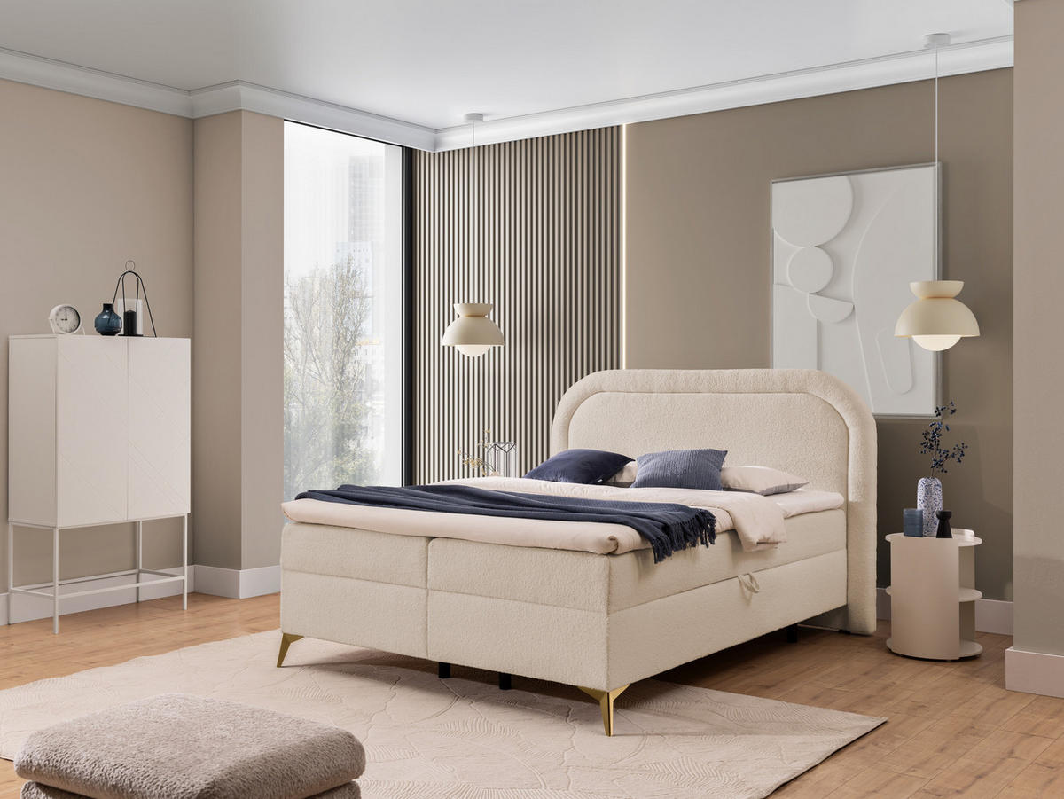 BOXBETT Sonna 180/200 cm Hellbeige Bouclé-Stoff mit abgerundetem Kopfteil und mit goldenen Metallfüßen - Beige/Goldfarben, Holz/Textil (180/200cm) - S-Style Möbel