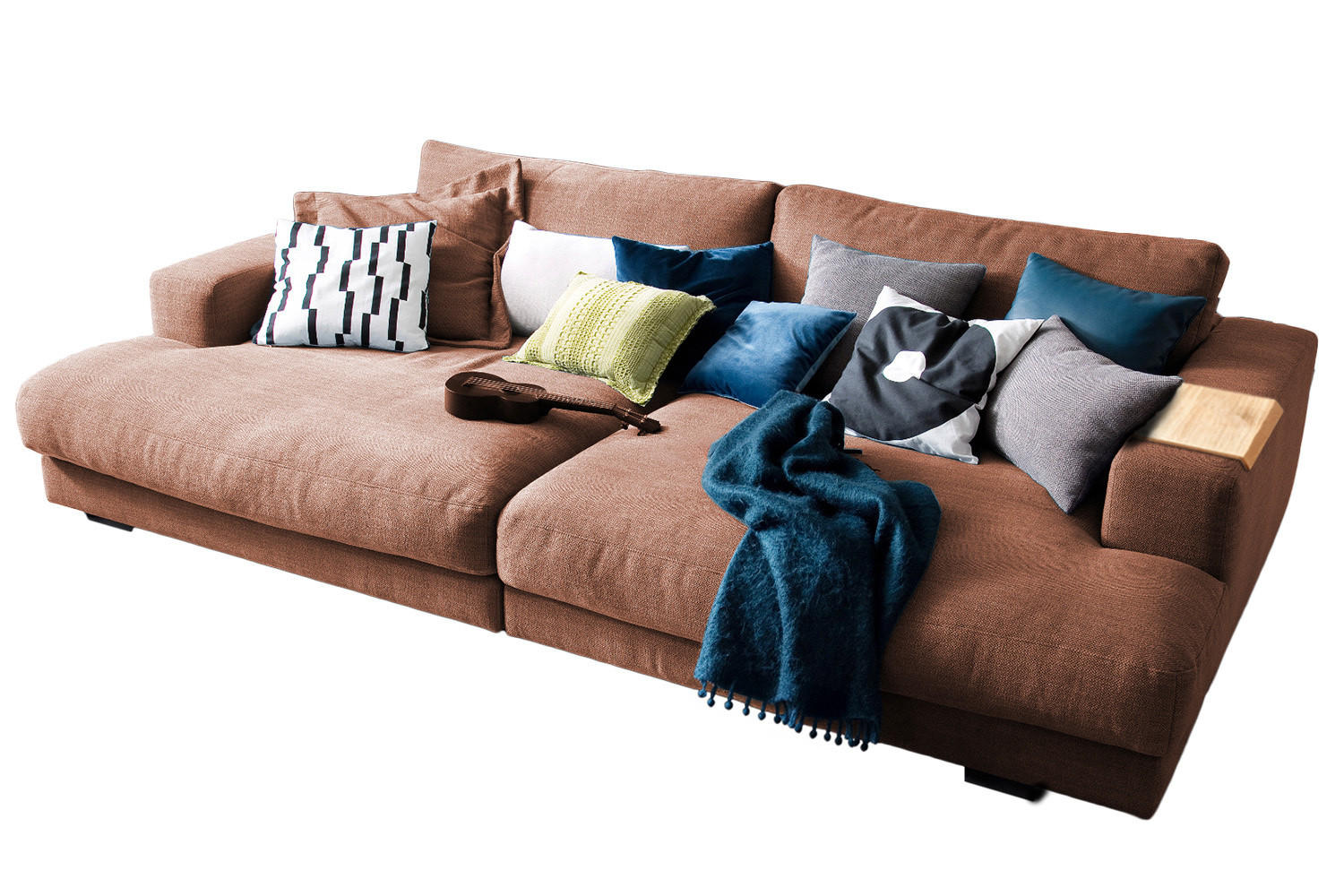 BIG SOFA MIT TABLETT NATUR MADELINE Braun Webstoff - Cognac/Dunkelbraun, Kunststoff/Textil (290/85/170cm) - KAWOLA