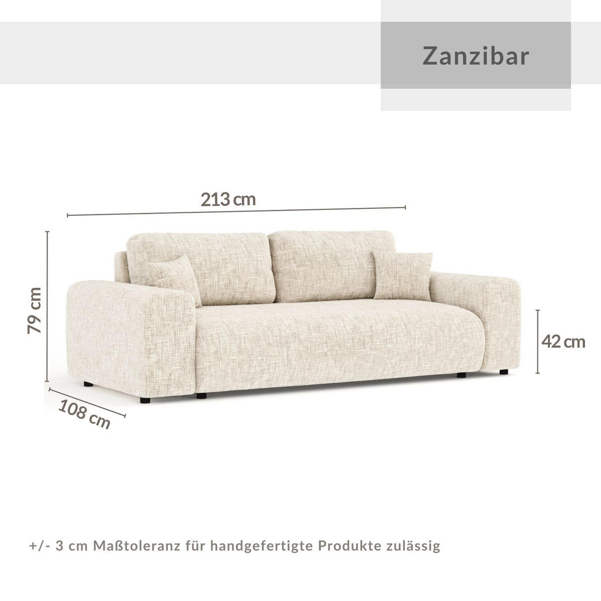 3-SITZER-SOFA Zanzibar Creme Webstoff - Creme/Schwarz, Holz/Holzwerkstoff (213/79/108cm) - Maison de Reve