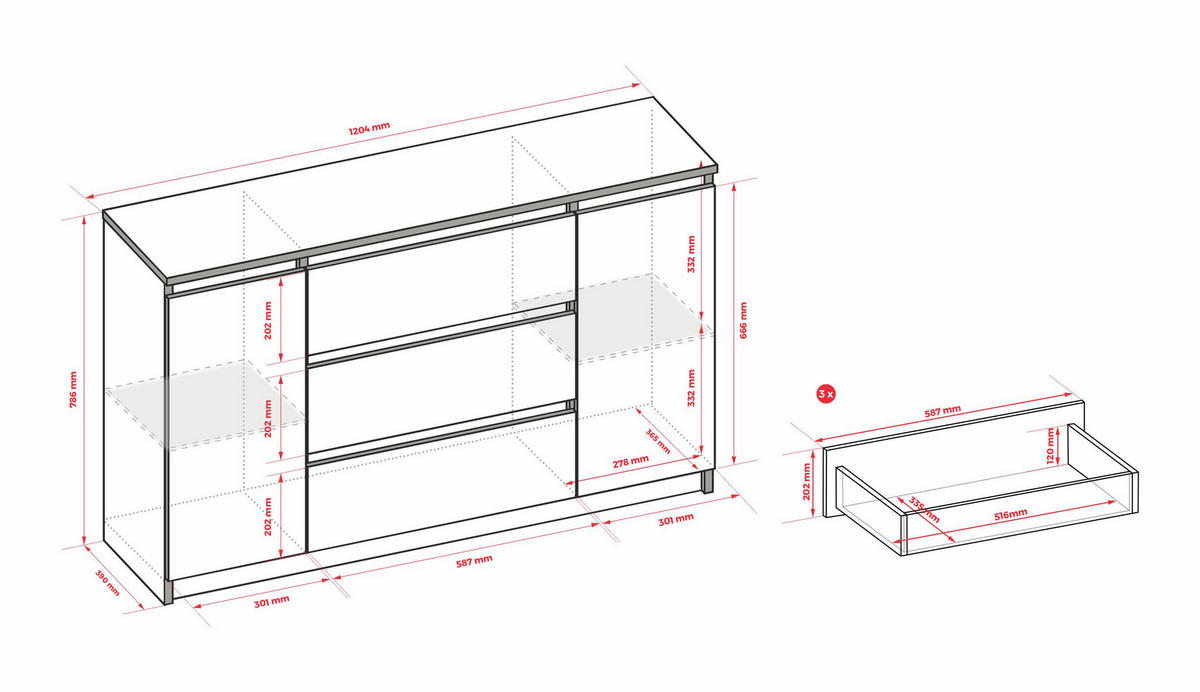 KOMMODE, 2 Türen & 3 Schubladen, Beige, 120 x 39 x 78 cm - Beige, Holzwerkstoff (120/78/39cm) - 3XE LIVING