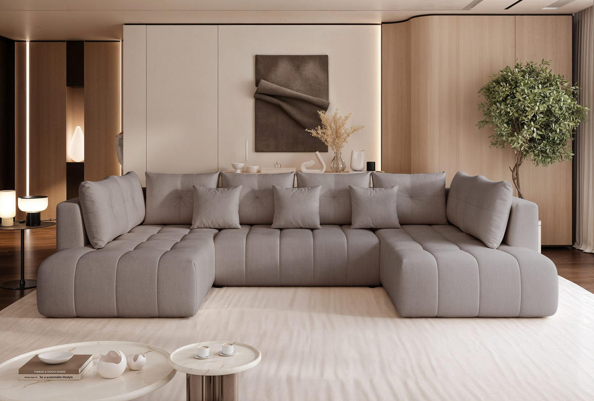 WOHNLANDSCHAFT STONE mit Schlaffunktion und Bettkasten, Stoff Beige-Grau - Grau, Kunststoff/Textil (350/91/190cm) - Idohome
