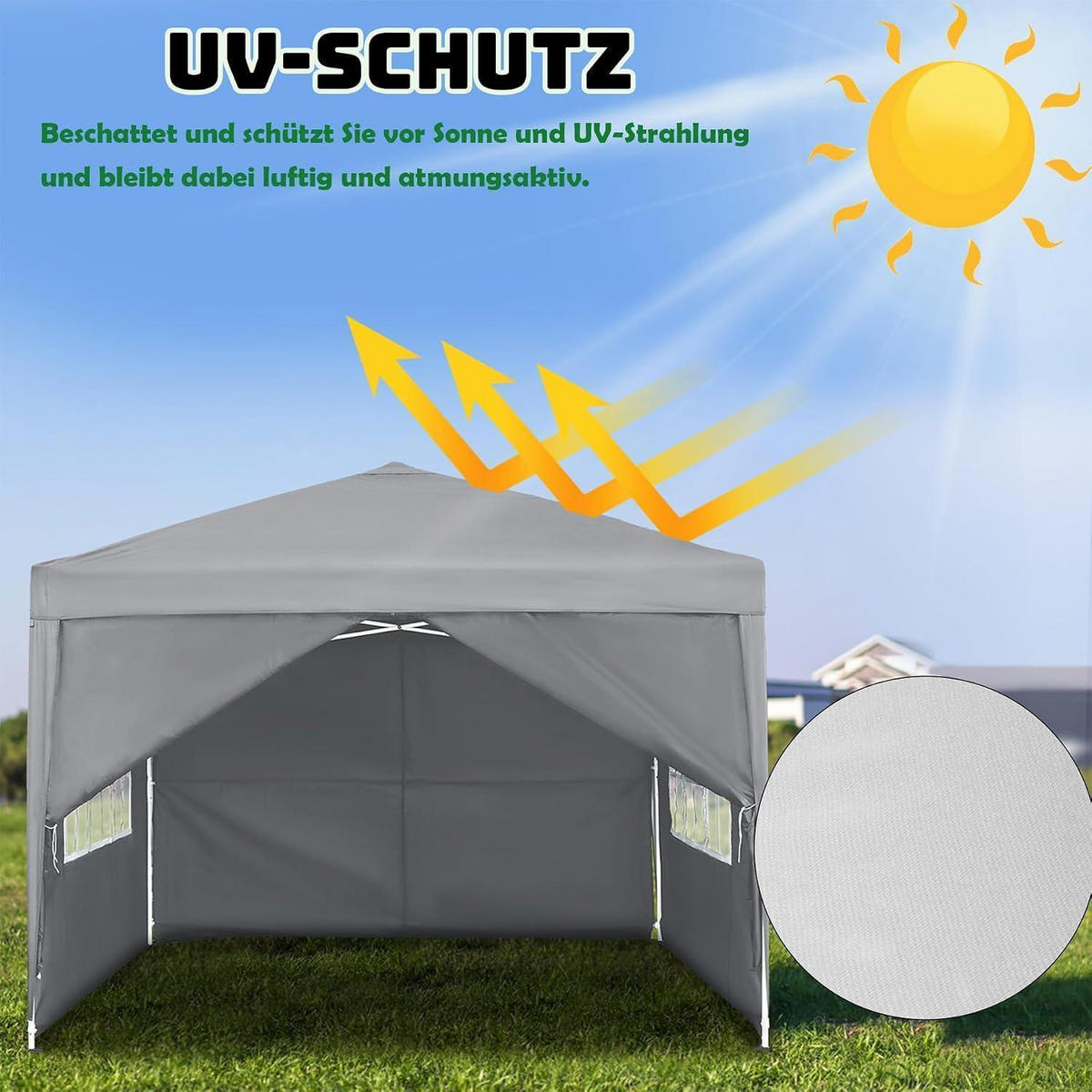 FALTPAVILLON 3 x 3 m Grau mit 4 Seitenteilen und Fenstern - Grau, Textil (300/260/300cm)