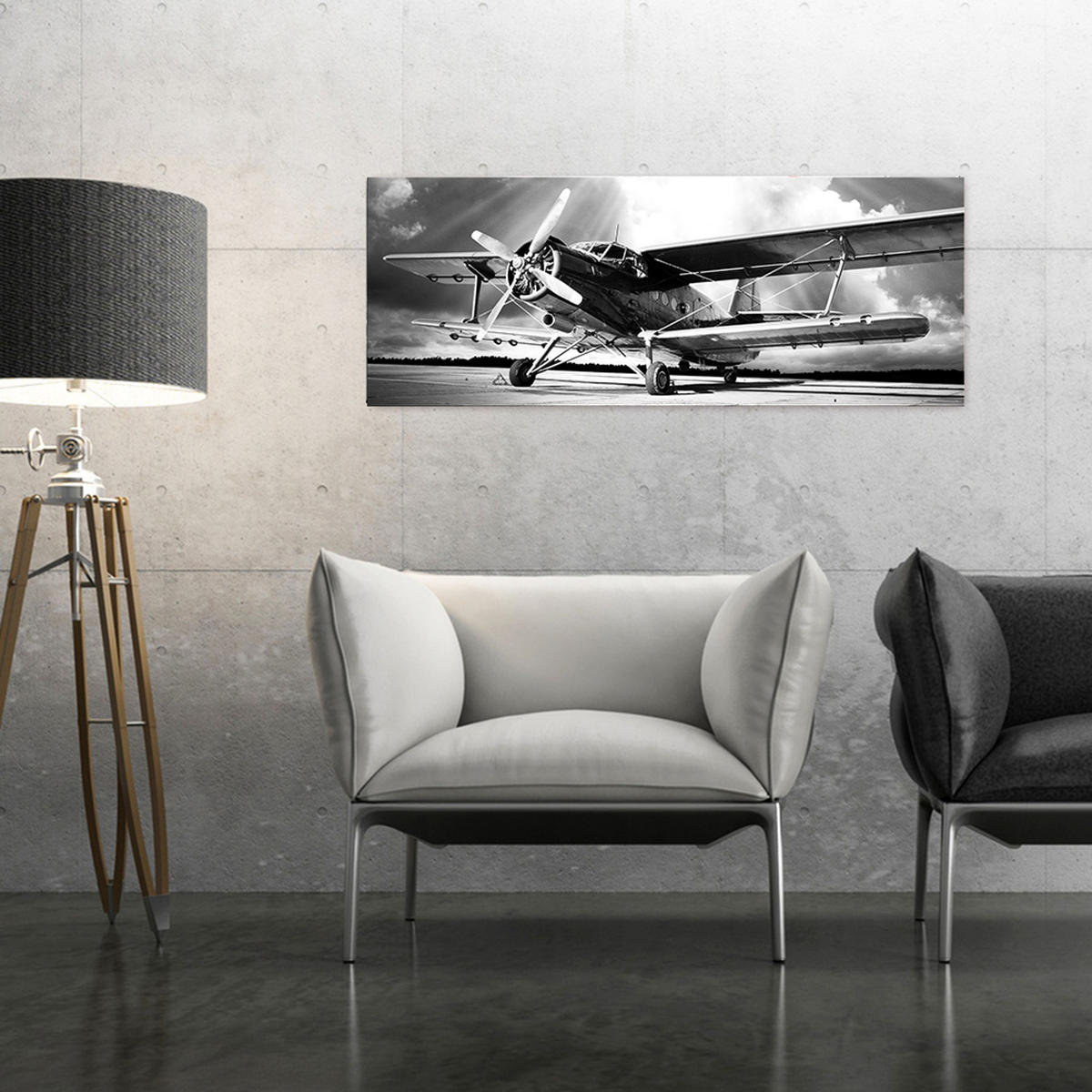 GLASBILD 80x30 cm Vintage Flugzeug schwarz weiß - Anthrazit, Glas (80/30cm) - artissimo