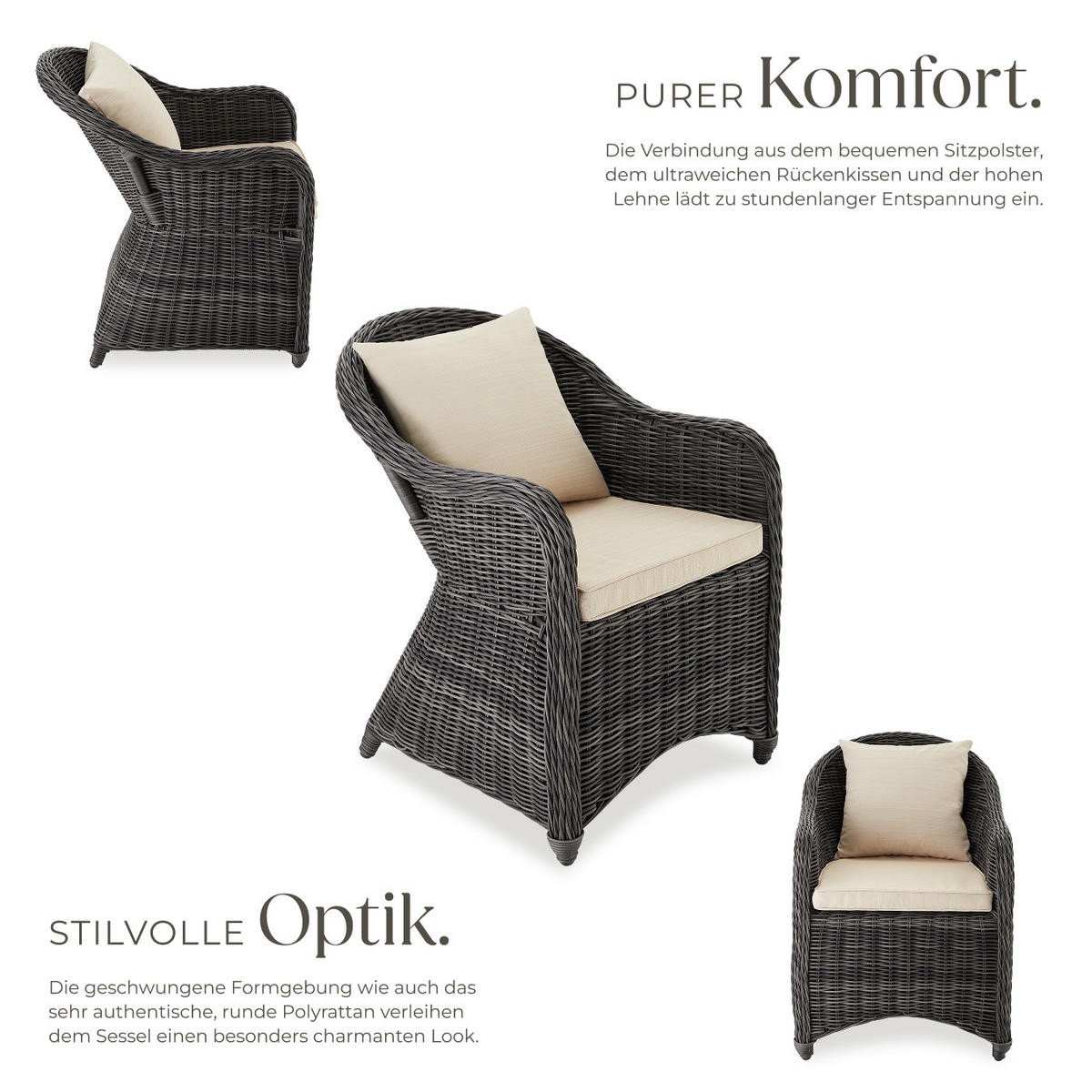 RATTANSESSEL ,71 x 60 x 84 cm,grau - Grau, Kunststoff (60/84/71cm) - tectake