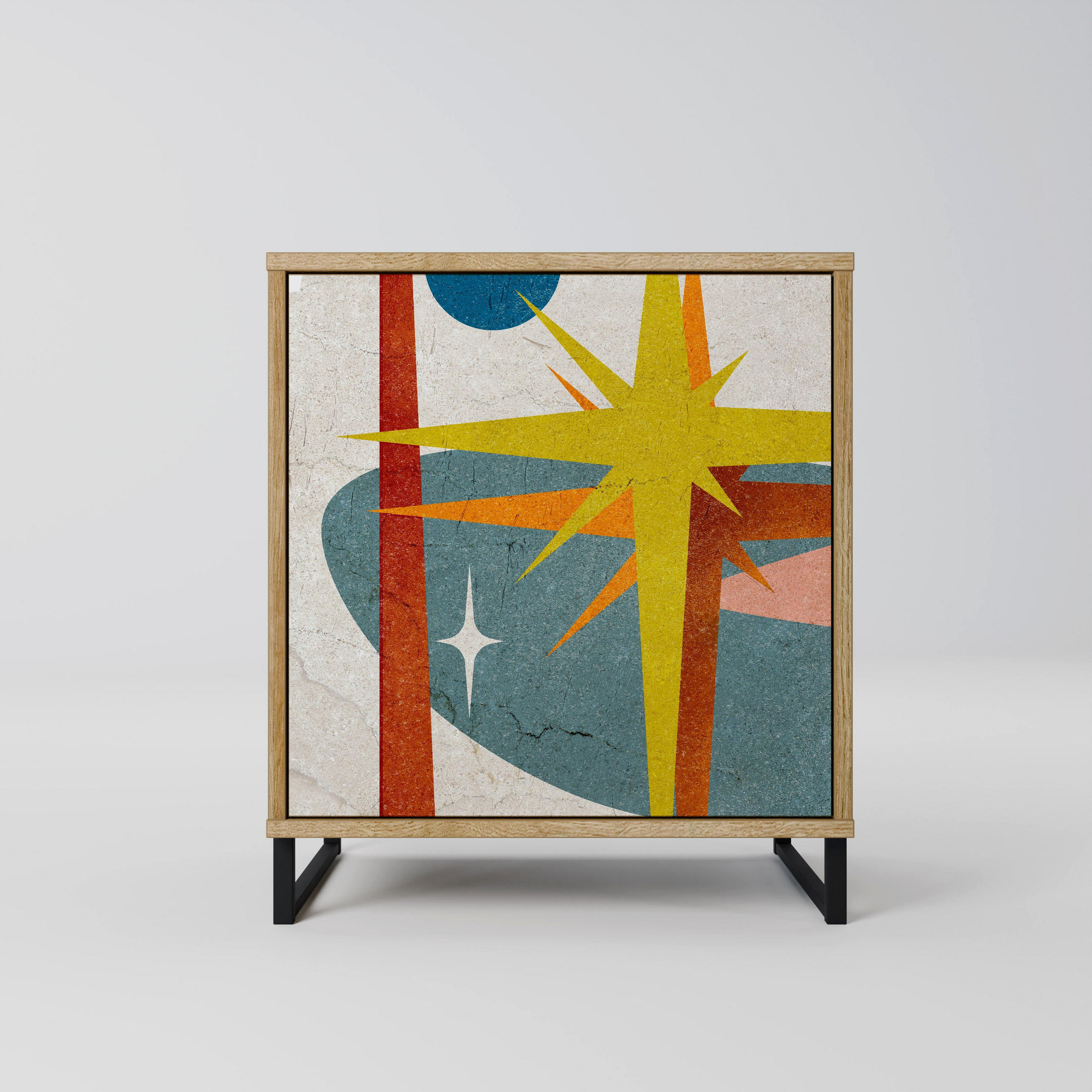 SIDEBOARD INTERSTELLAR VIBES, Eichefarben, 57,5x42x67,5 cm, Schwarze Metall-Rahmenfüße - Eichefarben/Multicolor, Holzwerkstoff/Metall (57.5/67.5/42cm) - SpaceRebels