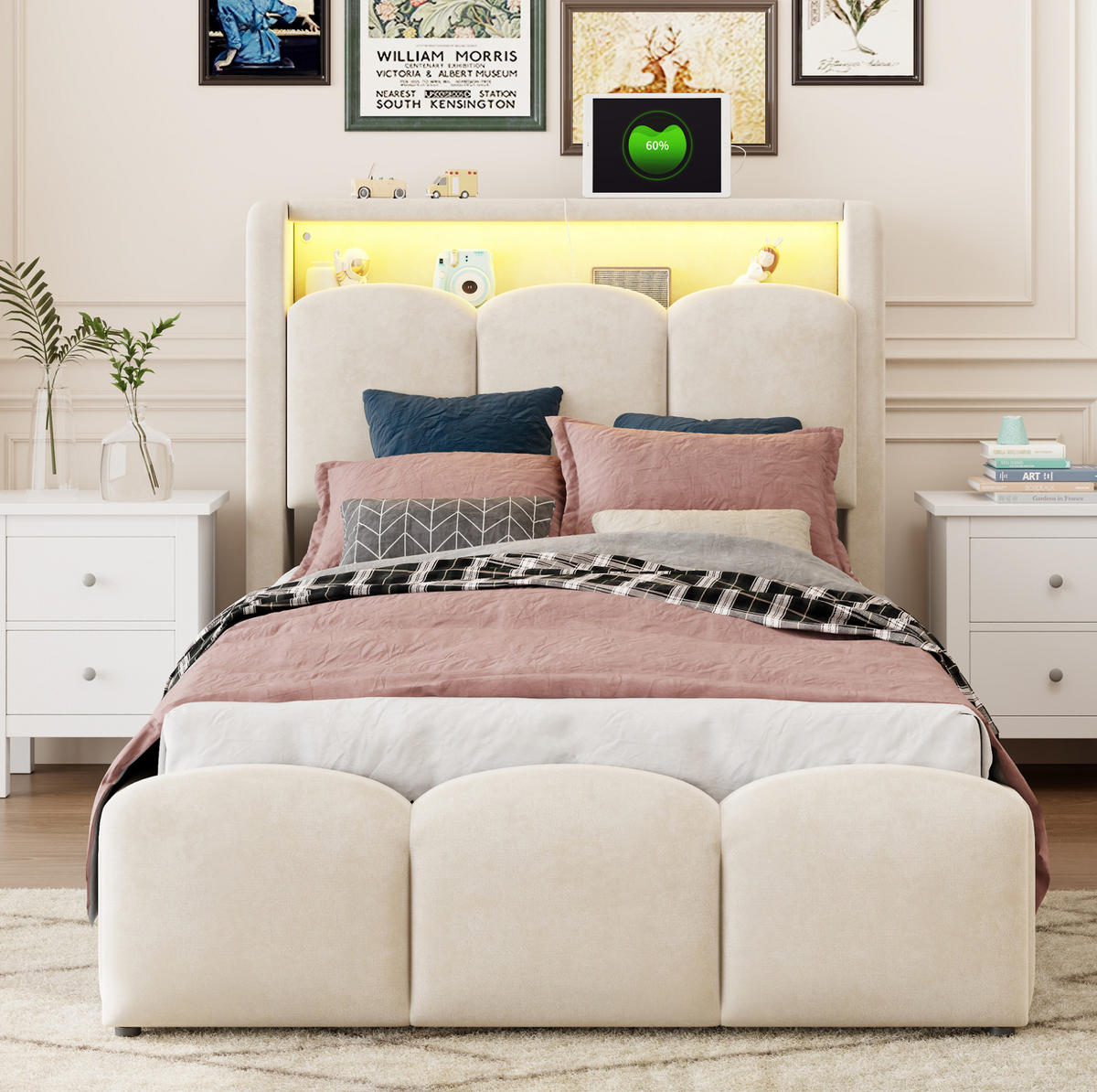 ČALOUNĚNÁ postel 90x200 cm s USB a Typ-C, LED osvětlením, úložným prostorem a sametovým čalouněním, Béžová - béžová, textil (90/200cm) - Redom