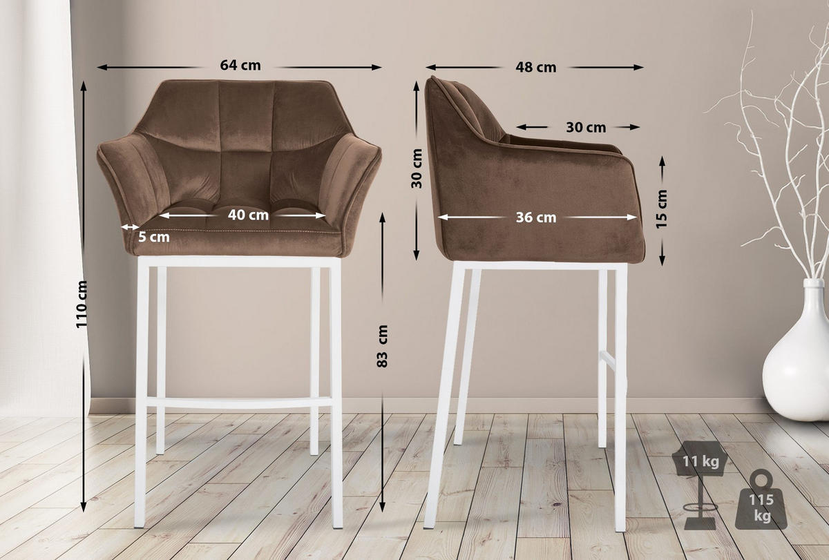 BARHOCKER 2er Set Samt Braun - Weiß/Braun, Textil (64/110/48cm) - CLP