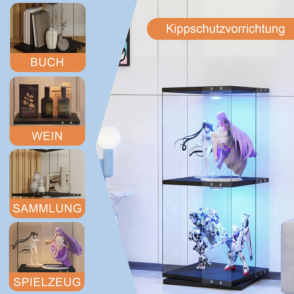 DREHVITRINE 360° mit RGB LED, 2 Ebenen, Glasvitrine schwarz für Deko - Schwarz, Glas (38/82/38cm) - SHOPENTRA