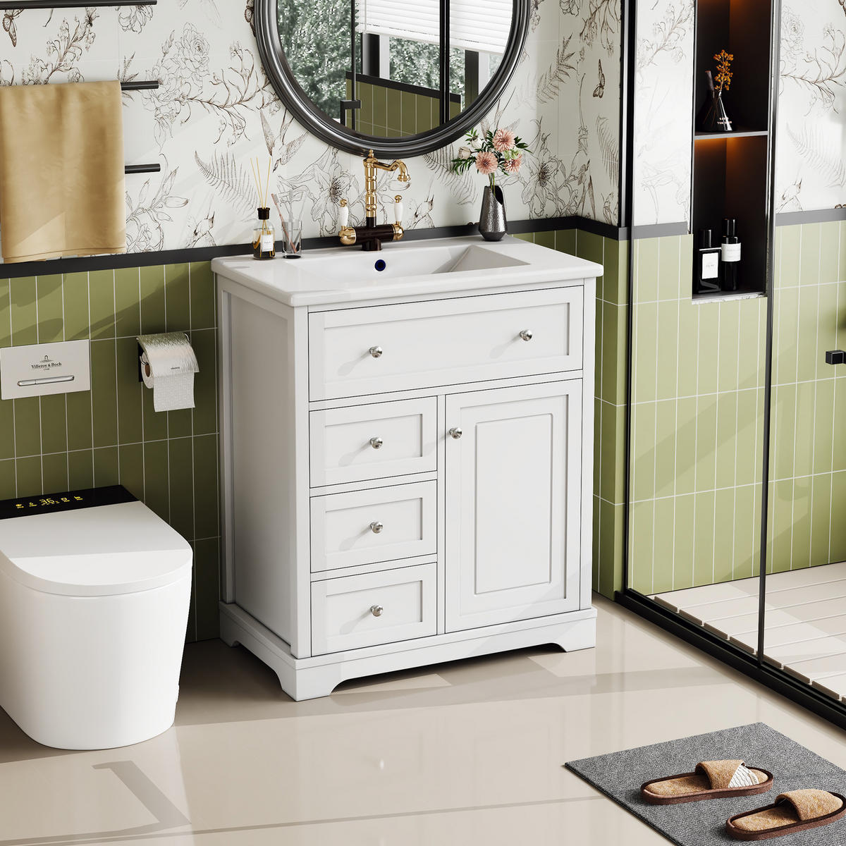 WASCHTISCHKOMBI 76x46x87 cm Weiß aus Keramik & Spanplatte mit 4 Schubladen - Weiß, Holzwerkstoff (76/87/46cm) - Modfu