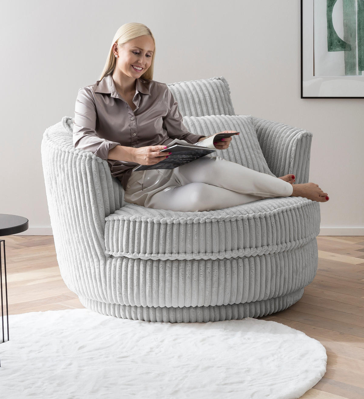 BIG-SESSEL Relaxsessel Mega Cord hell grau Ø 120 cm 360° drehbar, inklusive 3x Kissen - Hellgrau/Grau, Holz/Textil (120/86/120cm) - Furn.Design