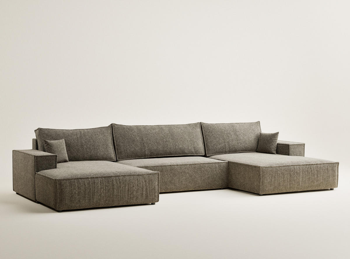 WOHNLANDSCHAFT Kyoto Taupe Chenille-Stoff - Taupe/Schwarz, Holz/Holzwerkstoff (398/70/148cm) - Maison de Reve