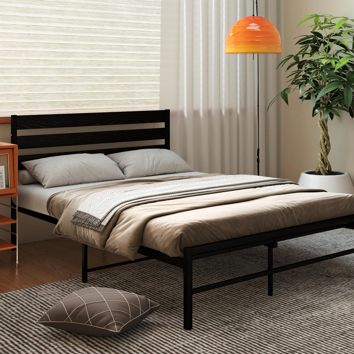METALLBETT 140x200 cm Schwarz mit komfortablem Kopfteil, stabiler Konstruktion - Schwarz, Metall (140/200cm) - Modfu