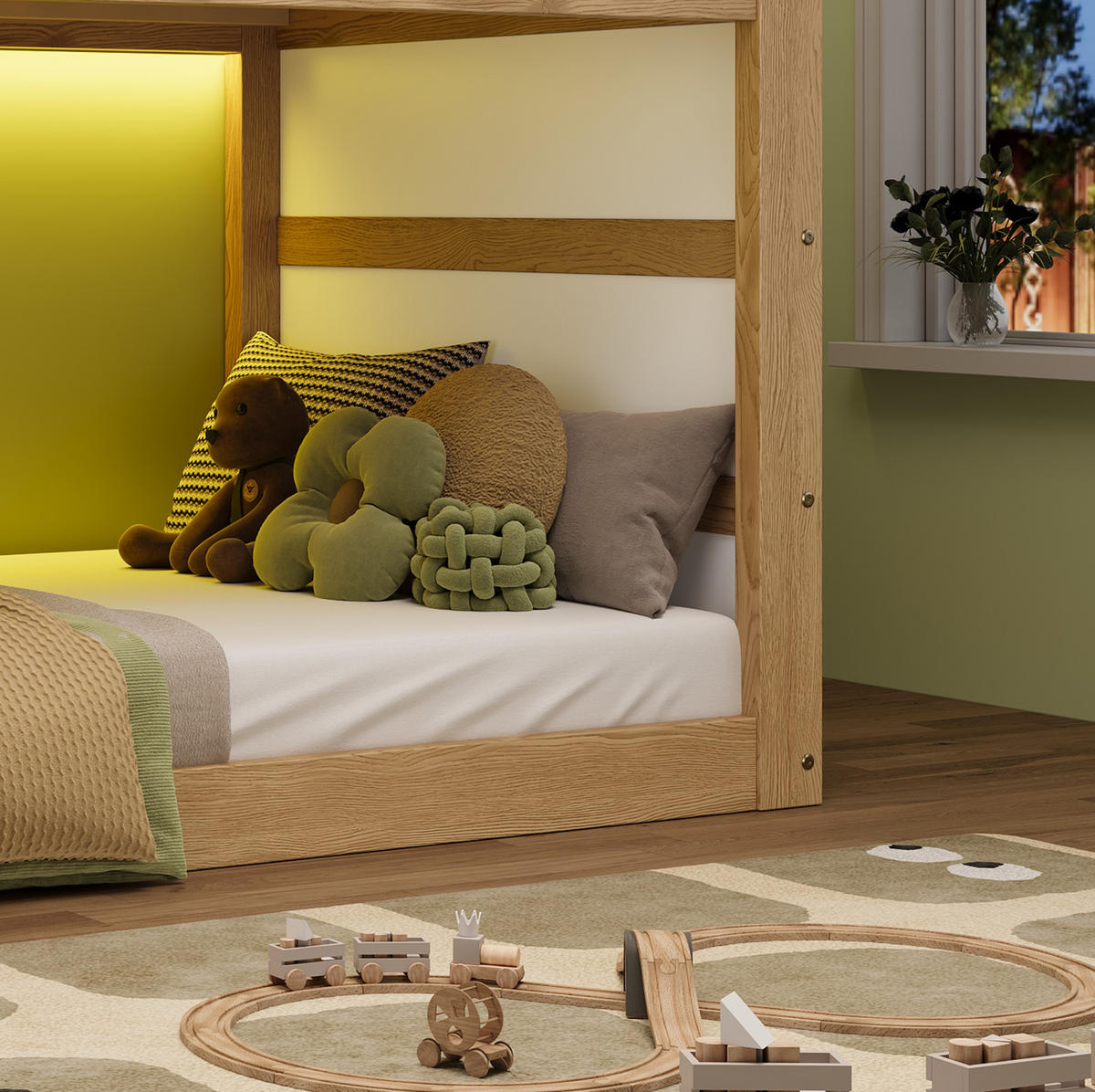 HOCHBETT 90/200 cm aus Kiefer und MDF mit LED-Lichtleiste und Ablagen Natur/Weiß - Naturfarben, Holz (90/200cm) - Modenvie