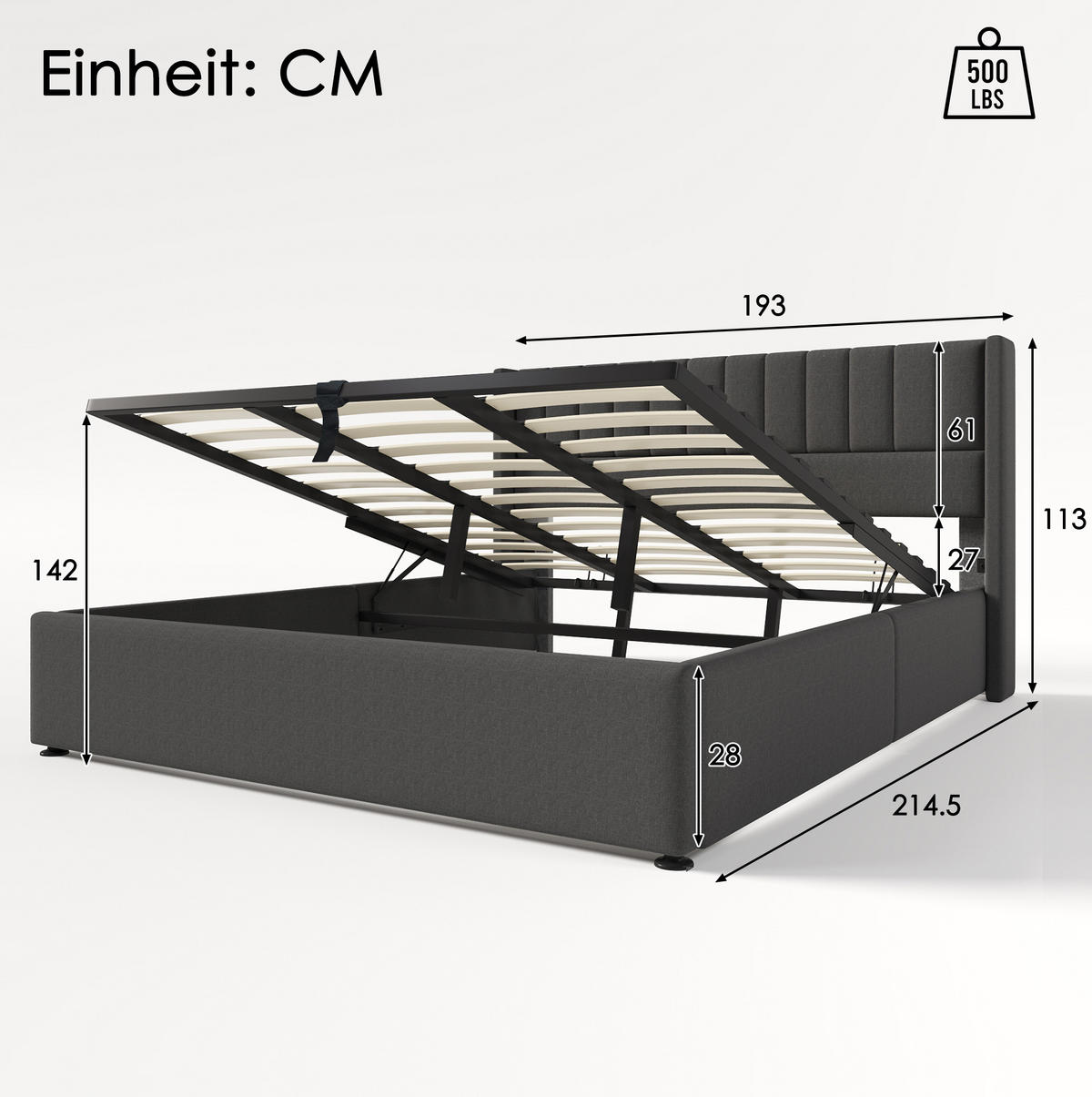 POLSTERBETT mit Bettkasten 180x200 cm Leinen Grau - Grau, Metall (180/200cm) - Meubliv