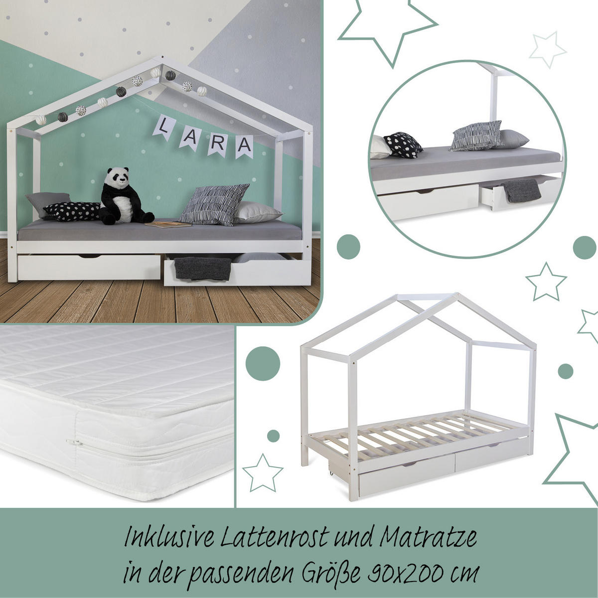 HAUSBETT mit Matratze mit Stauraum 90/200 cm Weiß - Weiß, Holz (208/160/96cm) - Homestyle4u