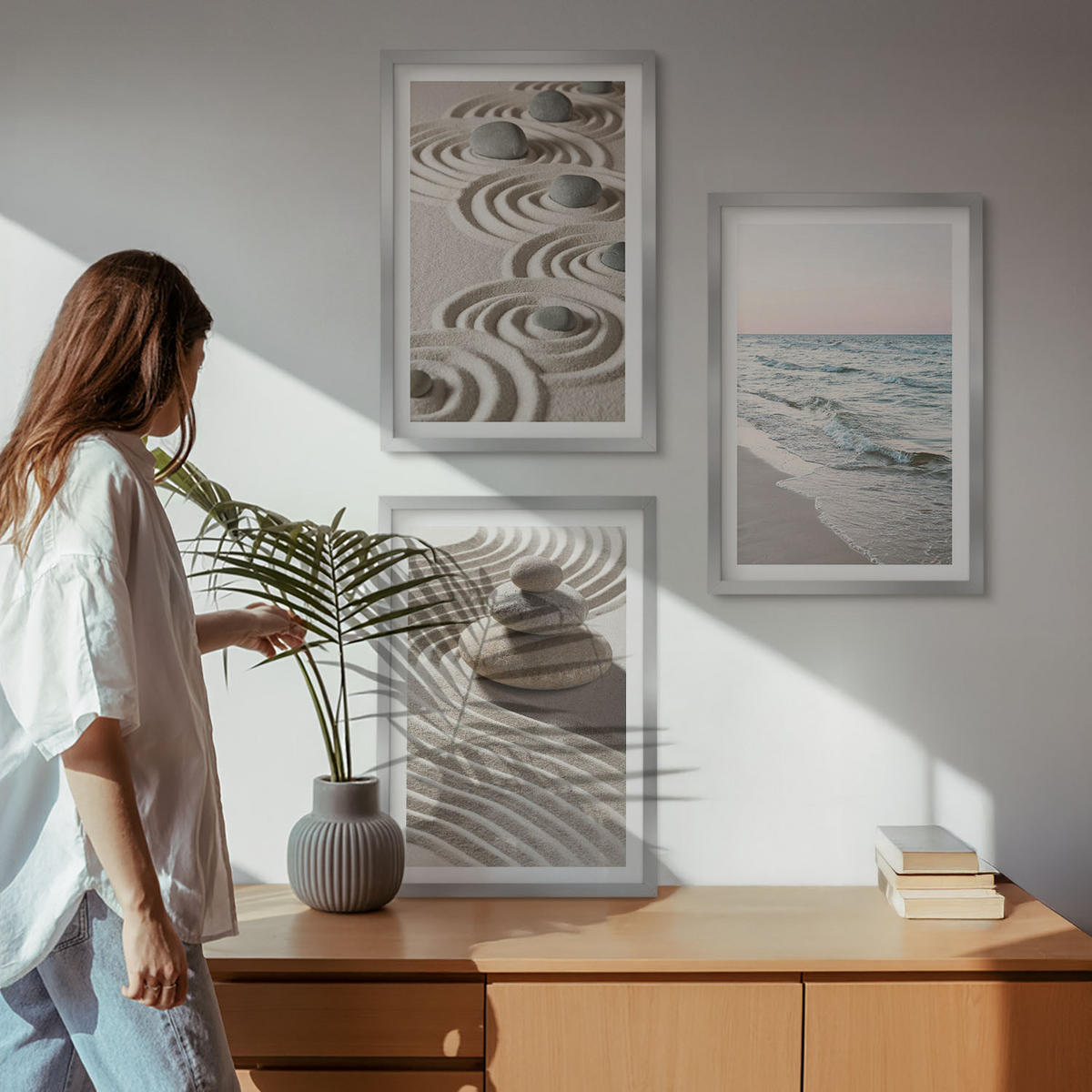 BILDER SET 3er Set - 40x60 cm Silberner Rahmen - Wellen, Sand, Wasser, Steine, Strand - Silberfarben, Kunststoff (40/60cm) - TULUP