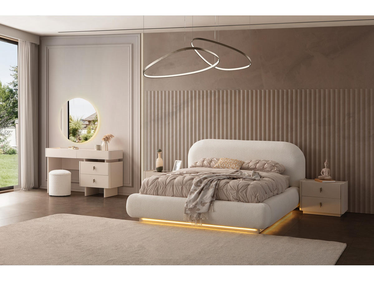 BETTANLAGE ALASKA Schlafzimmer-Set, 5-teilig, Creme, Bett mit Kopfteil, 2 Nachttische, Kleiderschrank und Kommode - Creme, Holzwerkstoff (160/200cm)