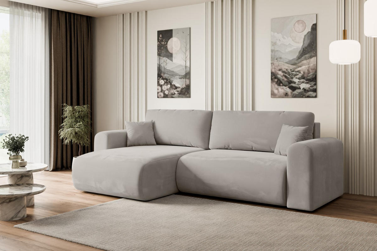 ECKSOFA mit Schlaffunktion und Bettkasten ORRO-L - 272x145x83 cm Hellbraun Velours - Hellbraun/Schwarz, Holzwerkstoff/Kunststoff (272/145cm) - ALTDECOR