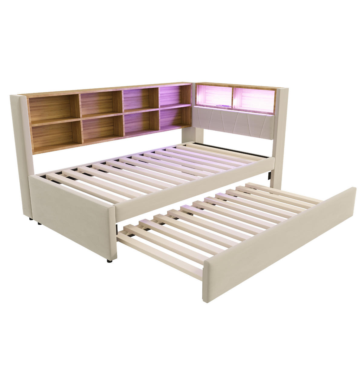 ČALÚNENÉ rozkladacie lôžko z flanelu 90x200 cm béžové s LED osvetlením, USB a úložným priestorom - béžová, textil (90/200cm) - Modfu