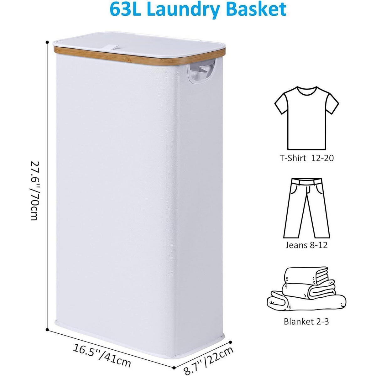 WÄSCHEKORB schmal mit Deckel 63L weiß - Weiß, Textil (20/70/40cm)