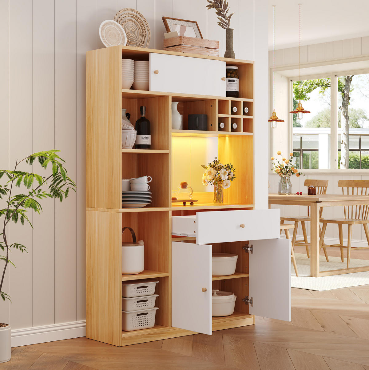 BUFFET 115/35/180 cm aus Spanplatte mit LED-Beleuchtung Weiß/Natur - Weiß, Holzwerkstoff (115/180/35cm) - Modenvie