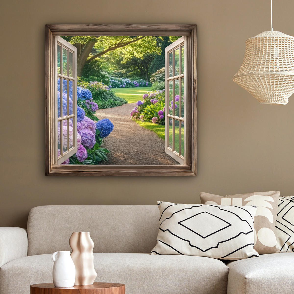 LEINWANDBILD Aussicht - Garten - Fenster - Hortensie - Blumen 90x90 cm - Pastellblau, Textil (90/90cm) - MuchoWow