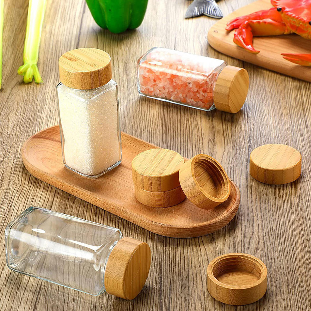 GEWÜRZGLAS-SET 12 Stück mit Bambusdeckel und 120ml Fassungsvermögen Glas/Bambus 4.5/4.5/10.5cm - Weiß, Glas/Holz (4.5/10.5/4.5cm) - Livingandhome