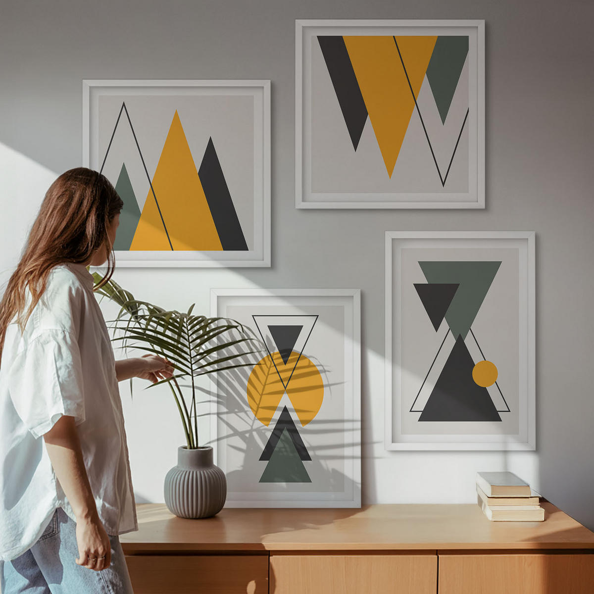 BILDER SET 4er Set - 50x50 cm & 40x60 cm Weißer Rahmen - Abstrakte geometrische Formen - Weiß, Kunststoff (50/50cm) - TULUP