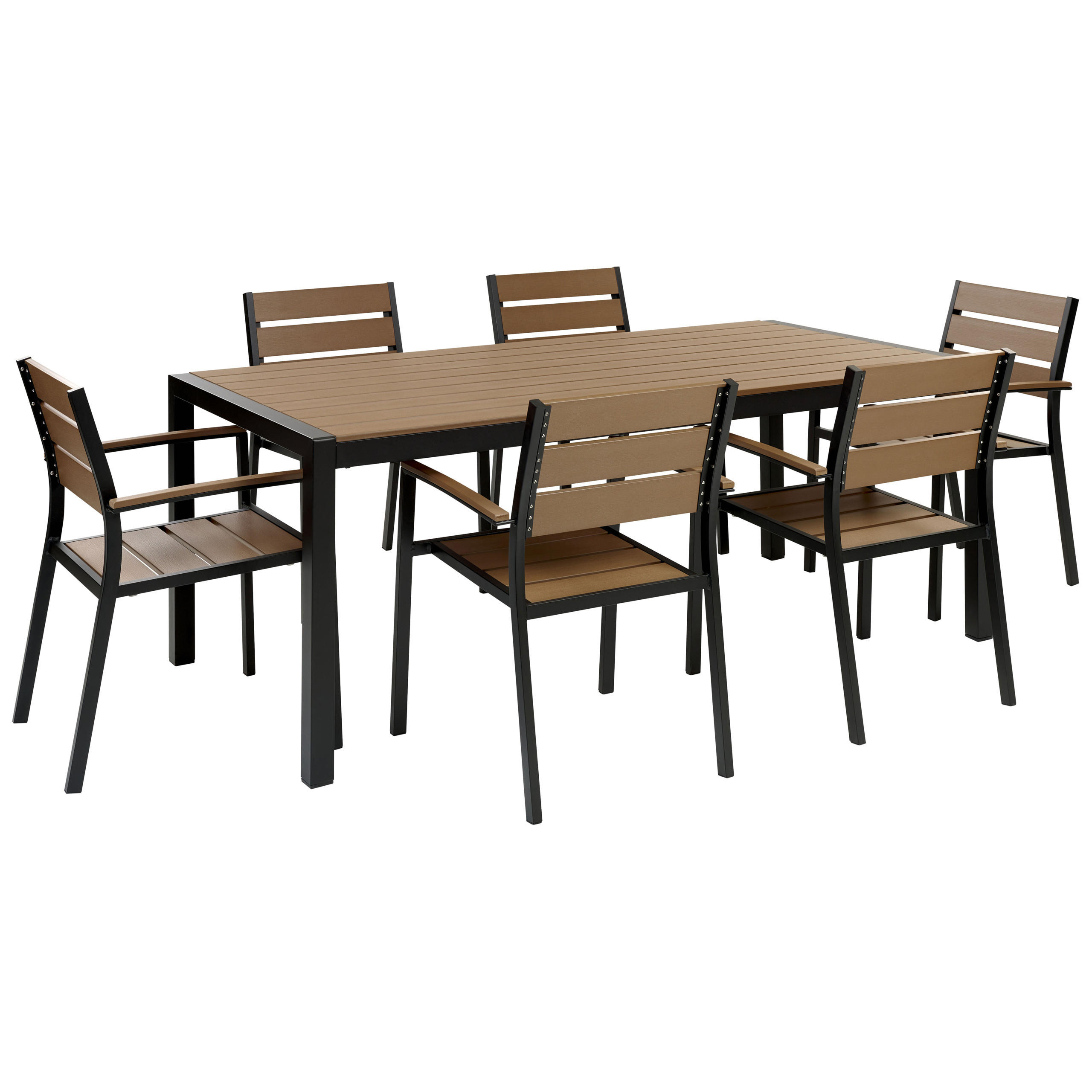 VRTNI NAMJEŠTAJ set 6-sjed aluminij umjetno drvo svijetlosmeđi/crni Vernio - svijetlo smeđa/crna, plastika - Beliani