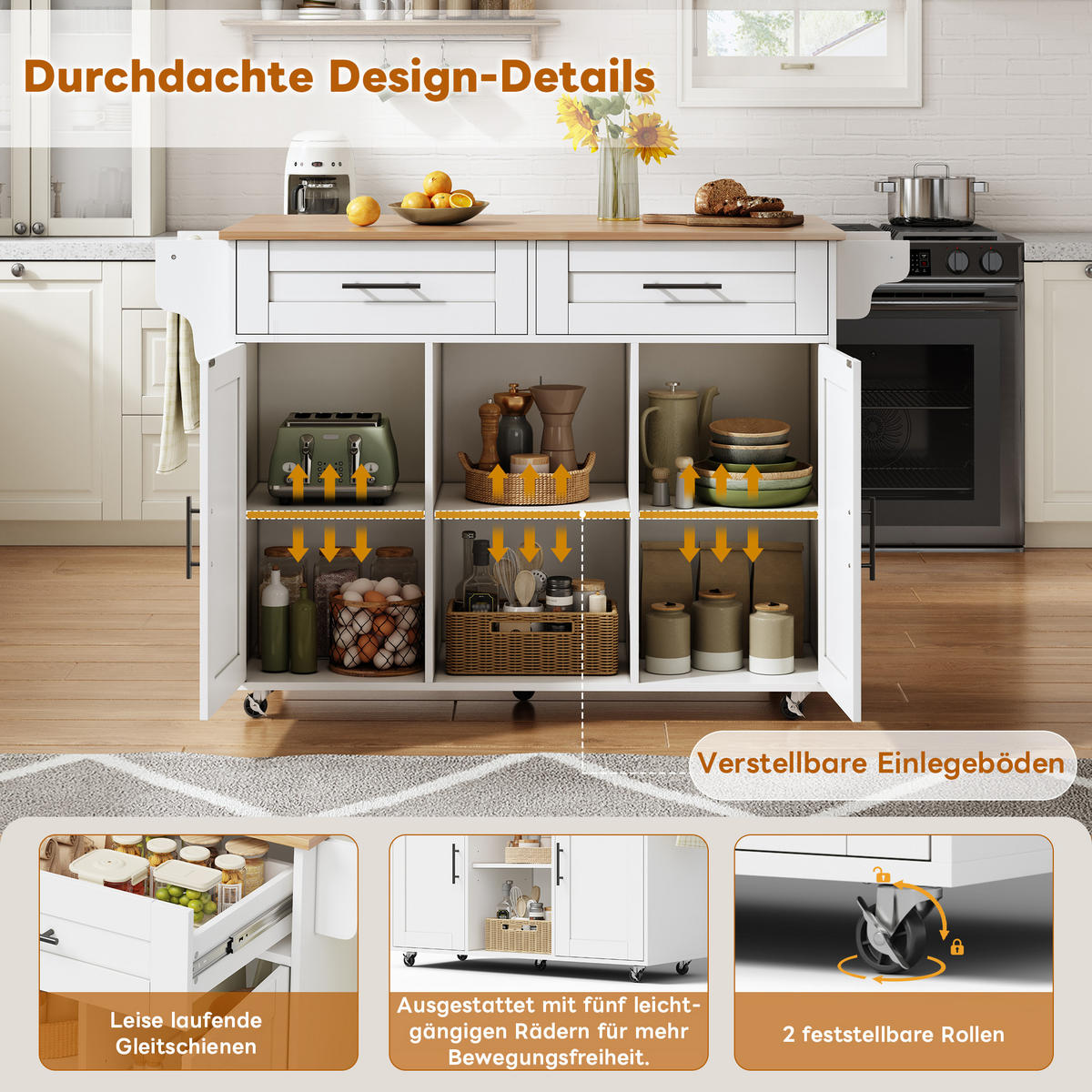 KÜCHENINSEL 145/45/94.5 cm Weiß mit 2 Schublade, klappbarer Arbeitsplatte und 5 Rollen - Weiß, Holz/Holzwerkstoff (145/94.5/70cm) - Oxeza