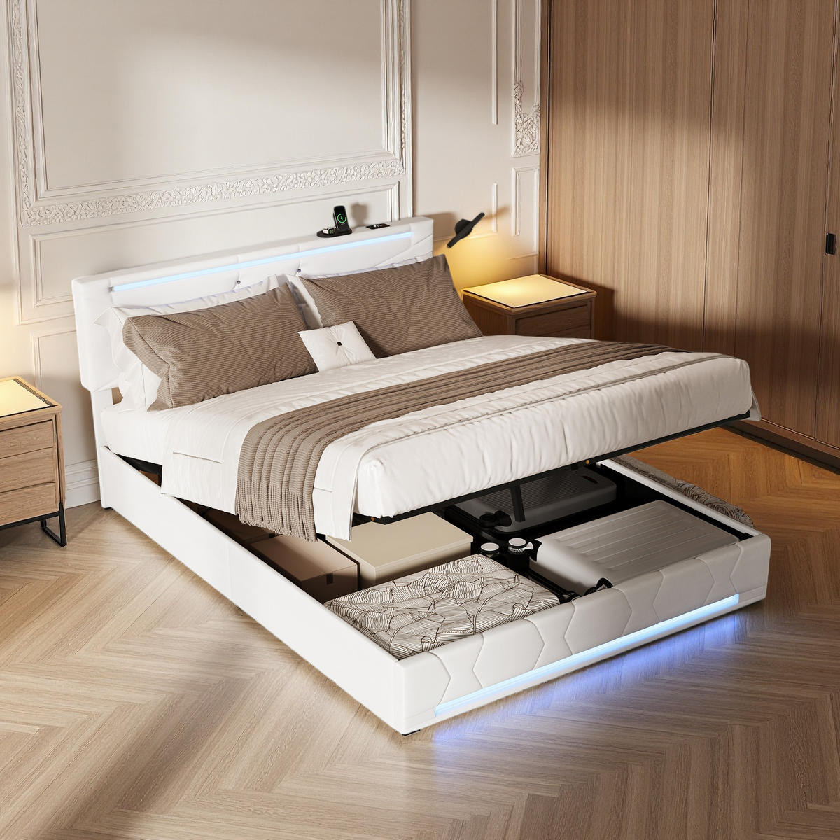 POLSTERBETT 160x200 cm LED USB Lattenrost Kopfteil Leinen beige - Beige, Holz (160/200cm) - LEBENLANG