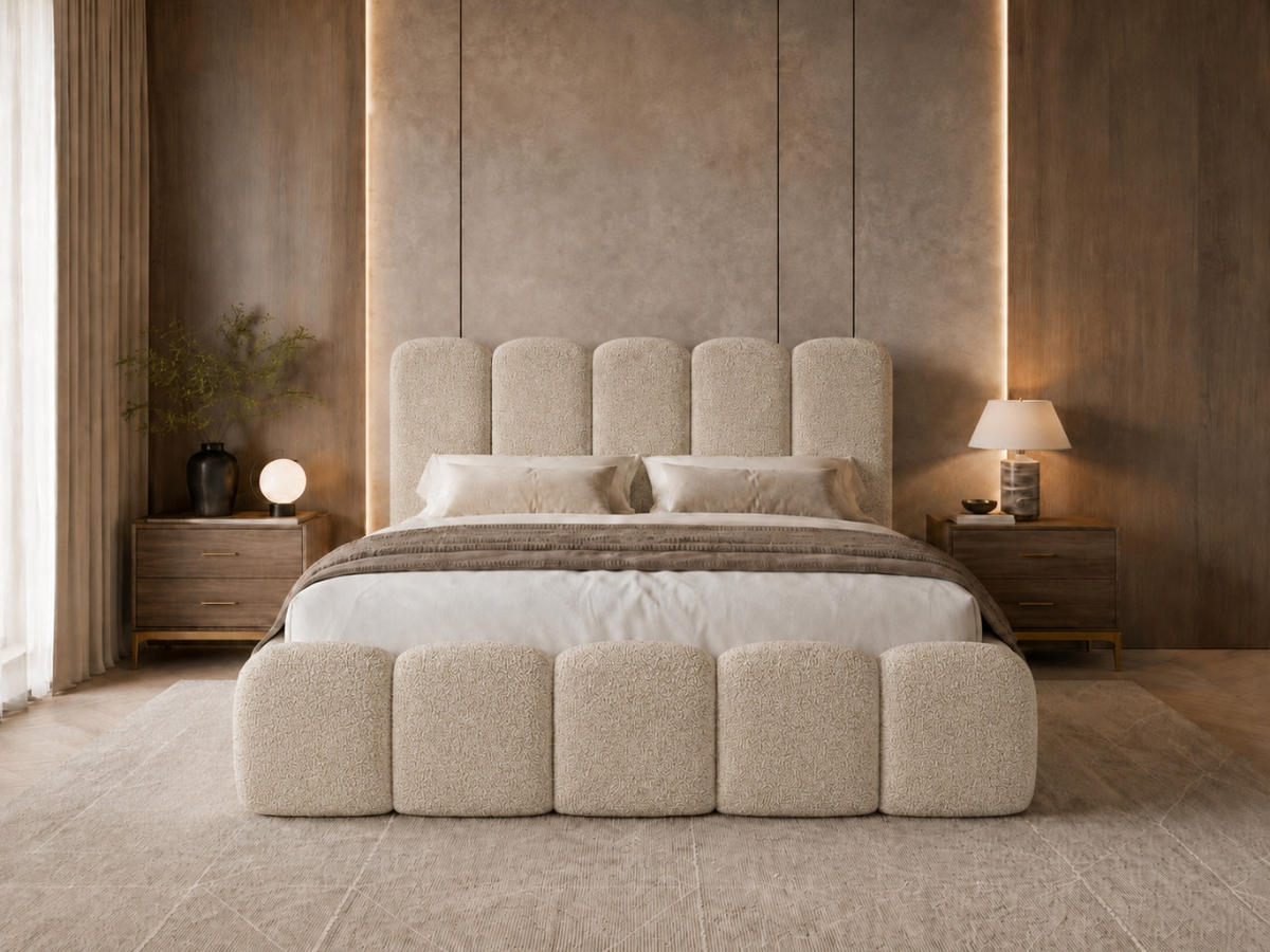 POLSTERBETT TEDDY 180x200 cm in Creme mit Metalllattenrost, Bettkasten, gepolstertes Kopfteil Bouclé-Stoff - Ecru, Holz/Textil (180/200cm) - EMLAR Home