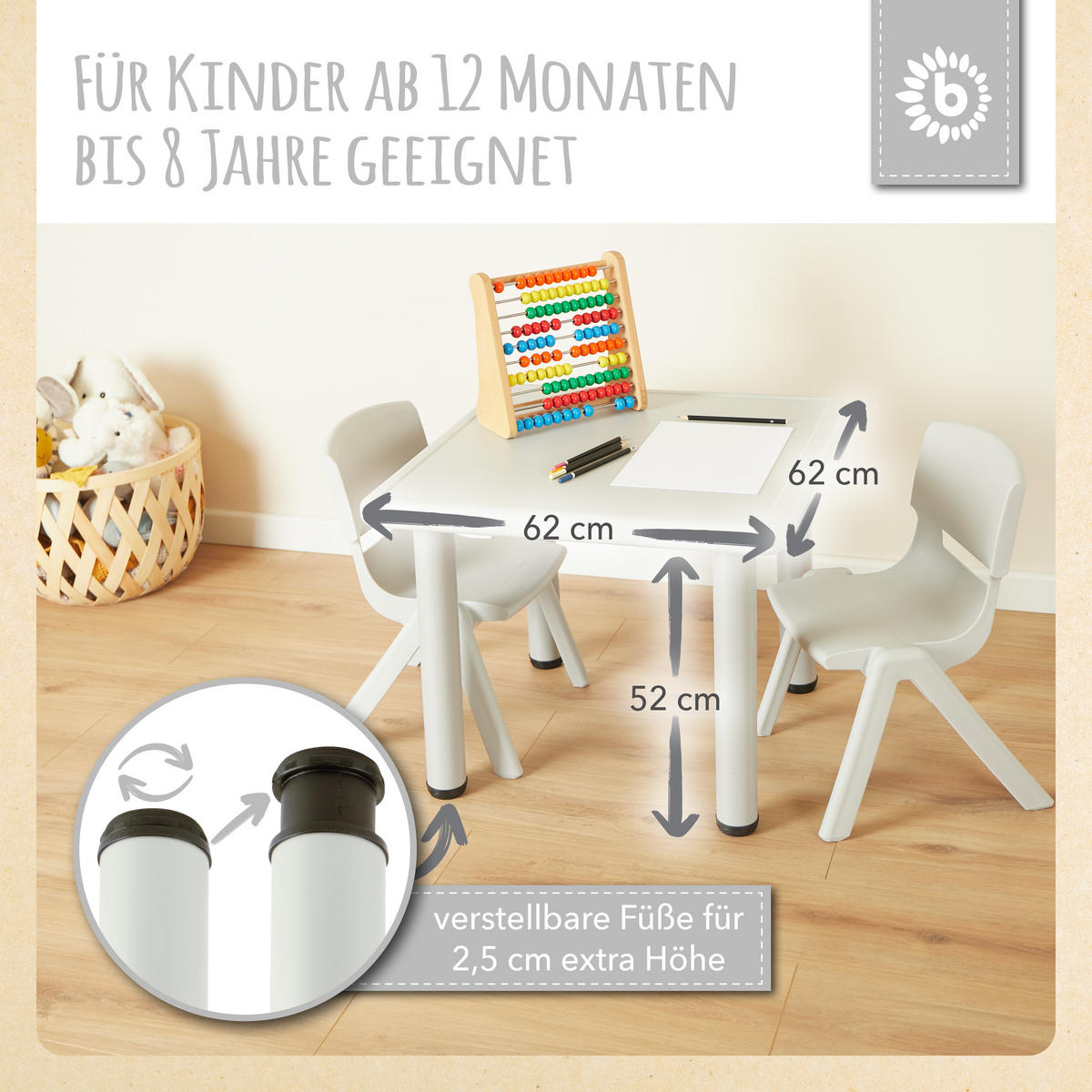 KINDERTISCH mit 2 Stühlen für innen - Grau, Kunststoff (62/52/62cm) - Bieco Spielwaren