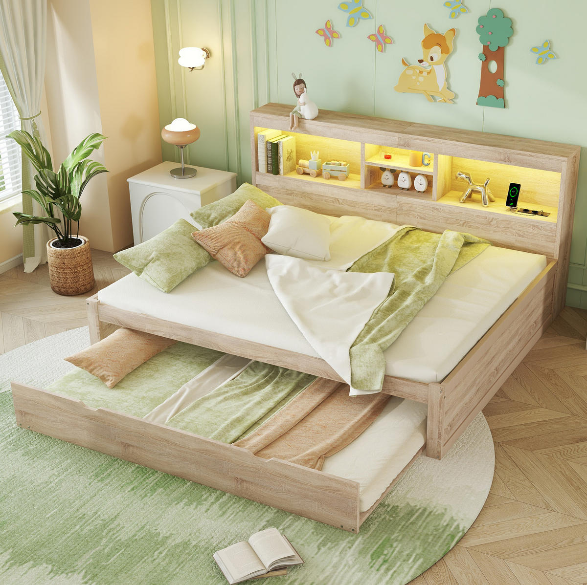 TAGESBETT 140/200 cm mit LED-Beleuchtung, Ausziehbett, USB und Stauraum - Naturfarben, Holzwerkstoff (140/200cm) - BEAOK