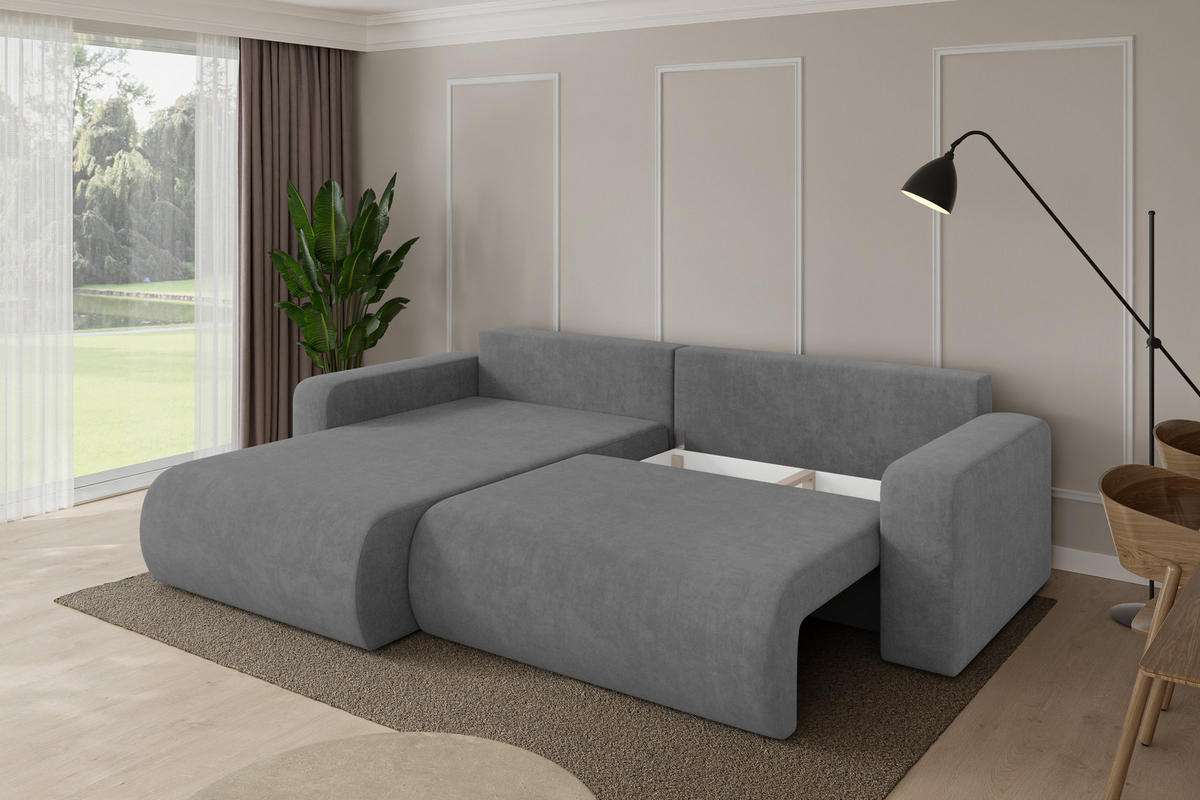 ROHOVÁ SEDAČKA s funkcí spaní, otoman vlevo BERY-L 276x193x88 šedá velur - černá/šedohnědá, kompozitní dřevo/textil (276/193cm) - ALTDECOR