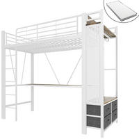 HOCHBETT 90/200 cm Eisenrahmen mit Schreibtisch und LED-Beleuchtung mit Matratze - Weiß, Metall (90/200cm) - OKWISH