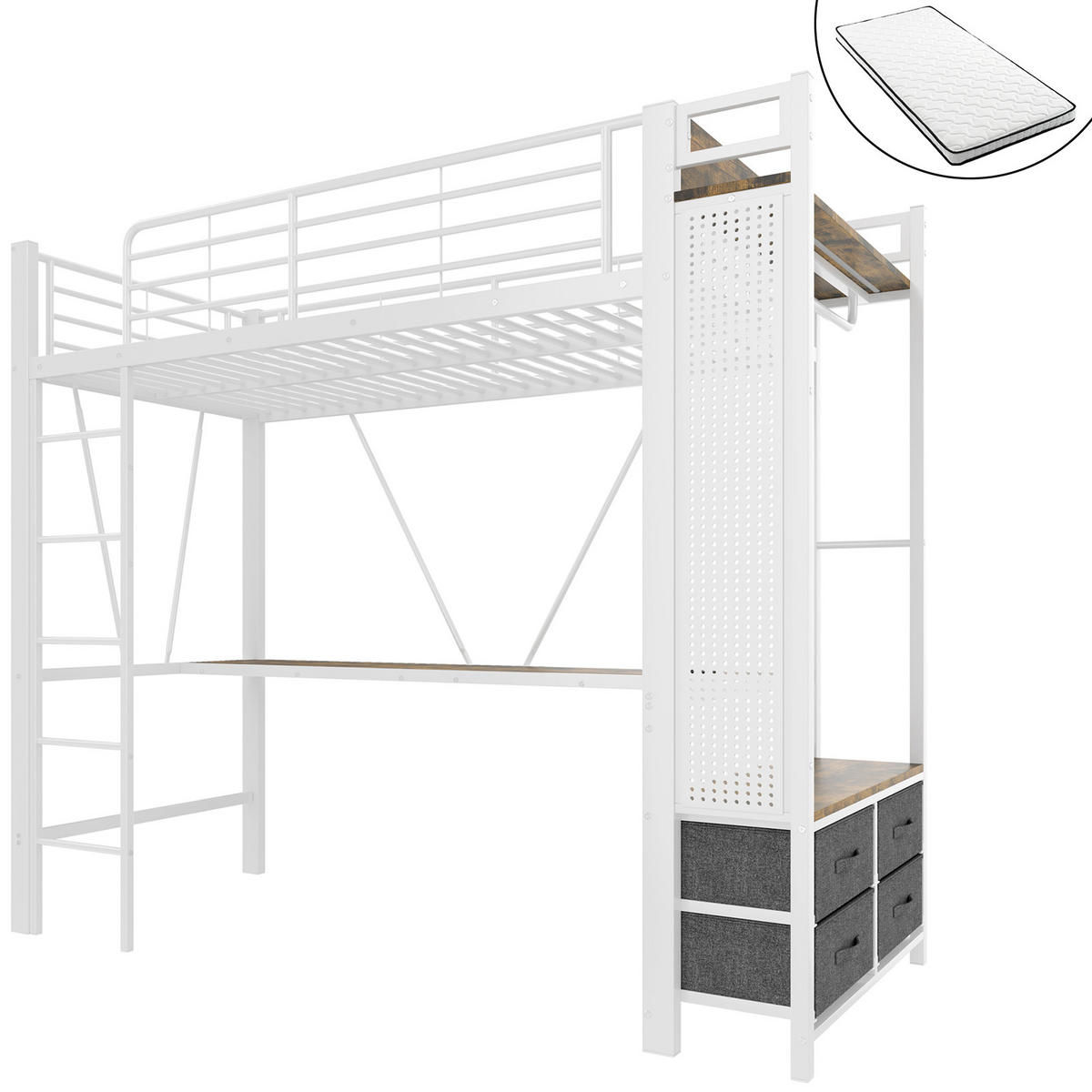 HOCHBETT 90/200 cm Eisenrahmen mit Schreibtisch und LED-Beleuchtung mit Matratze - Weiß, Metall (90/200cm) - OKWISH