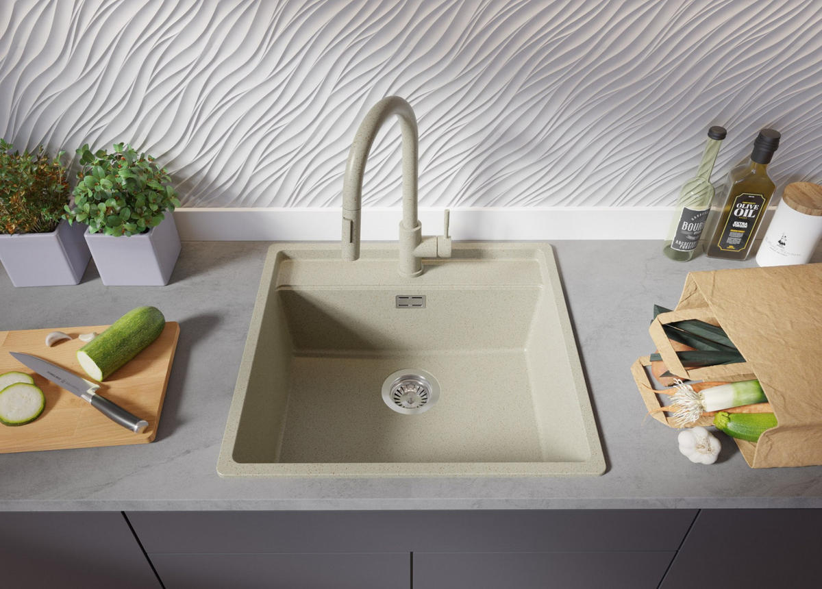 GRANITSPÜLE Bergen, 2-er set Beige 56/53 cm 1 Becken + Küchenarmatur 38/14 cm + Ablauf-Set + Schneidebrett ab 60er Unterschrank - Chromfarben/Beige, Kunststoff (56/20/53cm) - Primagran