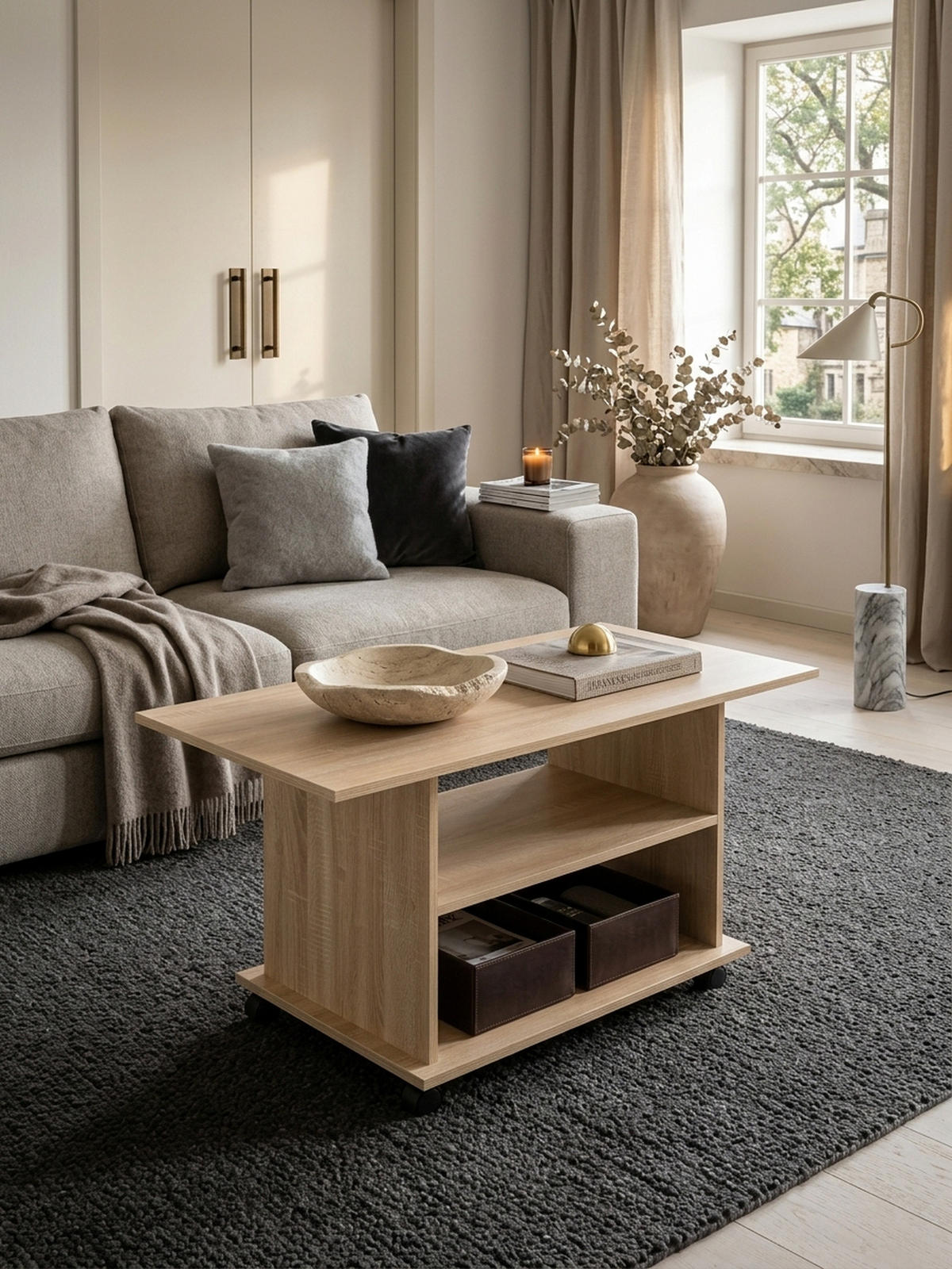 COUCHTISCH mit zwei Ablageflächen, Rollen und Melaminharzbeschichtung, Beige 95x54x51 cm - Beige/Schwarz, Holz (54/95/51cm) - KADIMA DESIGN