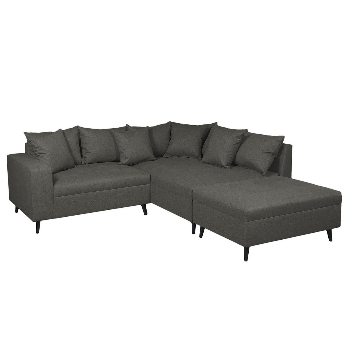 ECKSOFA mit Ottomane und Hocker - Dunkelgrau/Schwarz, Birkenholz/Textil (247/174cm) - home24