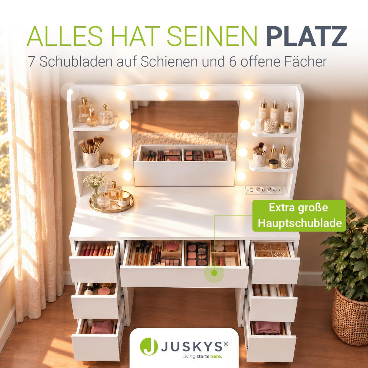 SCHMINKTISCH Malia mit LED - Weiß, Holz (107/140/40cm) - Juskys