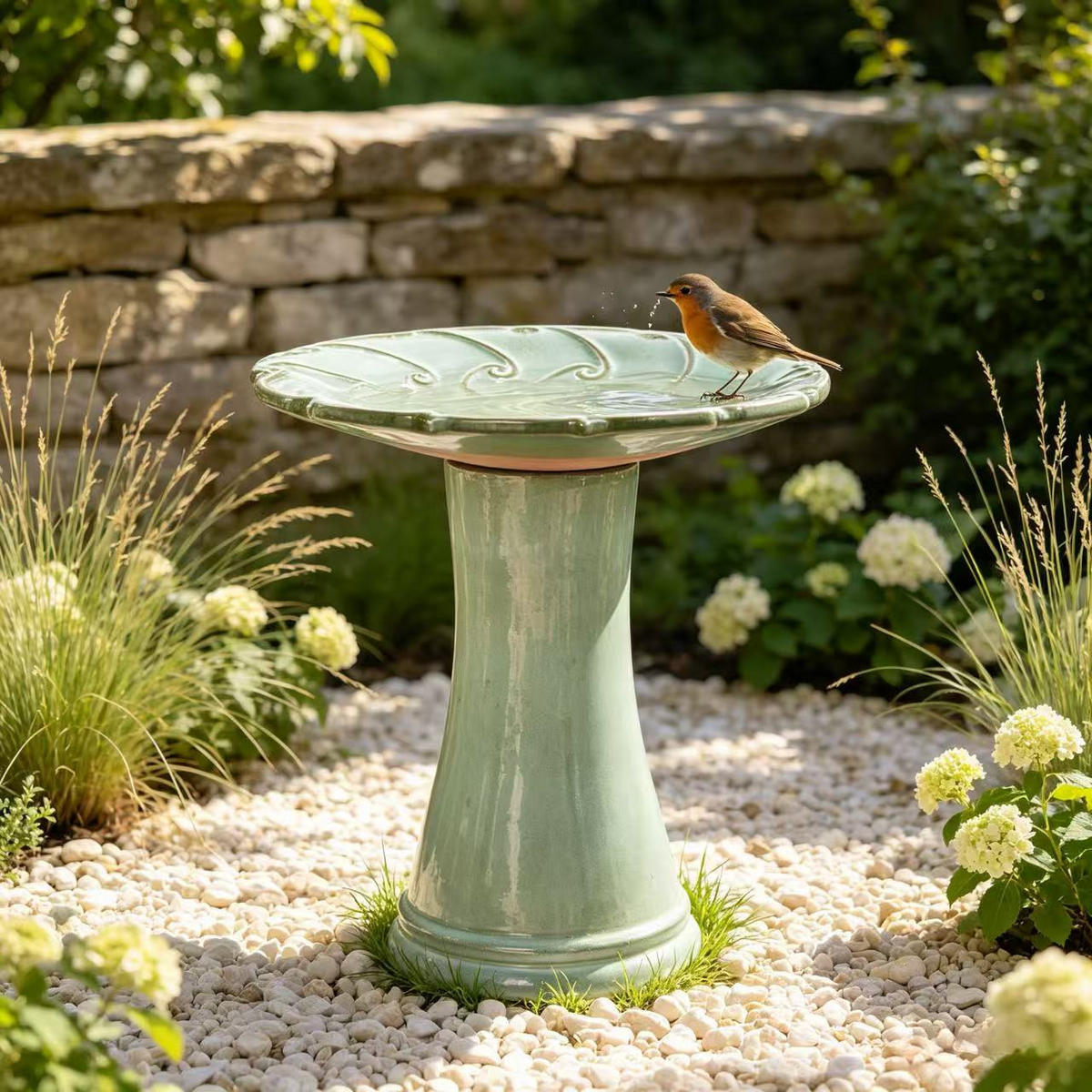 VOGELBAD mit Standfuß, Keramik Ø43/45H cm, Wetterfest, Hellgrün - Hellgrün, Keramik (43/45/43cm) - LVHOM