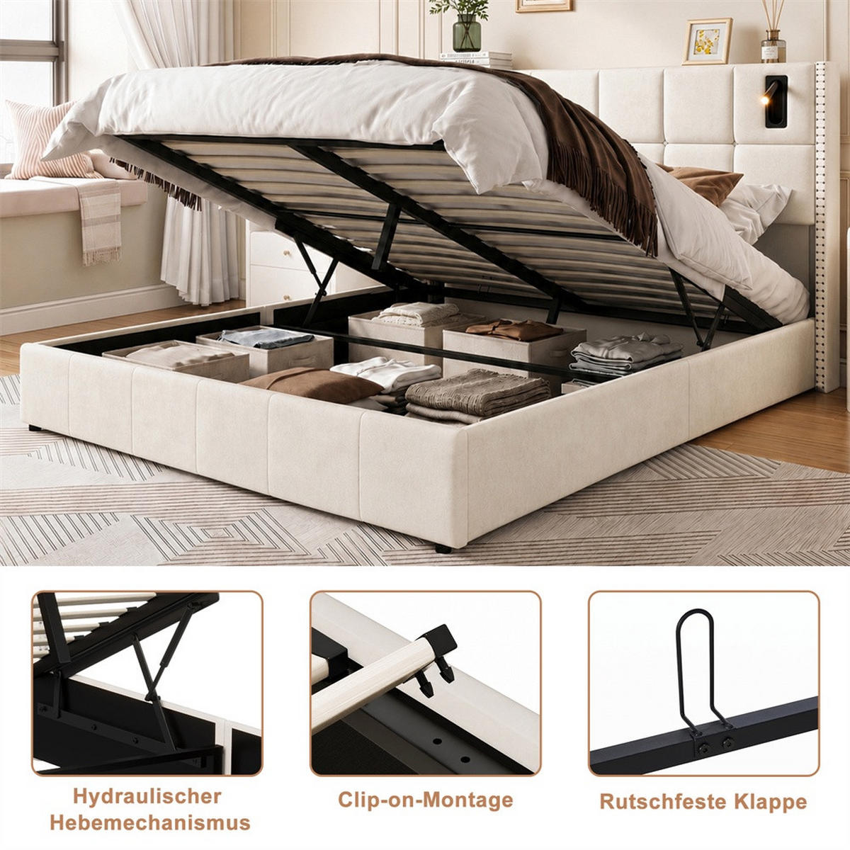 POLSTERBETT 140x200 cm - mit integrierten LED-Leseleuchten und hydraulischer Hebefunktion - ohne Matratze - Beige - Beige, Textil (140/200cm) - DELFA