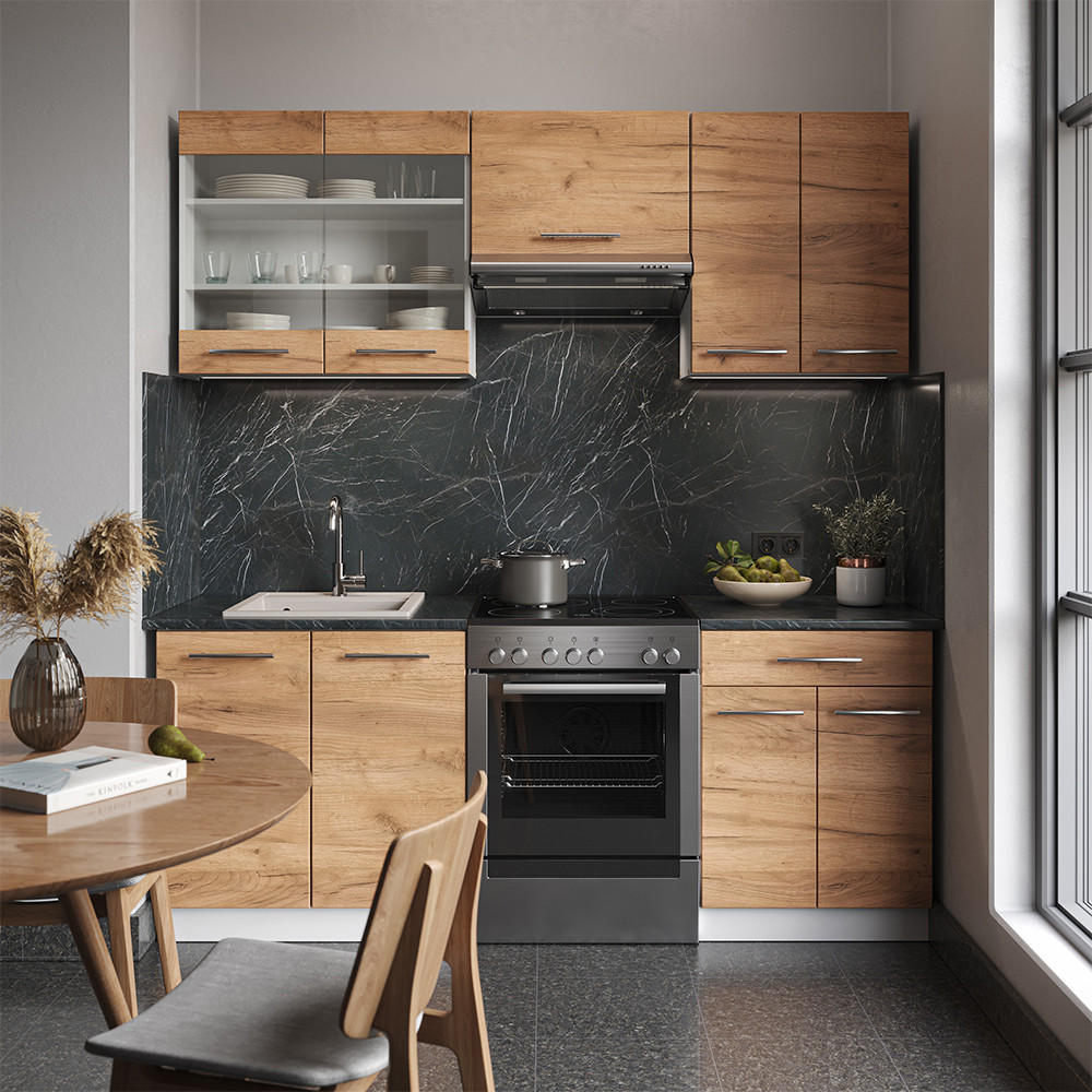 KÜCHENZEILE Fame-Line Goldkraft Eiche/Weiß 200 cm, AP Anthrazit - Honigeiche/Eiche Wotan, Holzwerkstoff (200/81.6/60cm) - Vicco