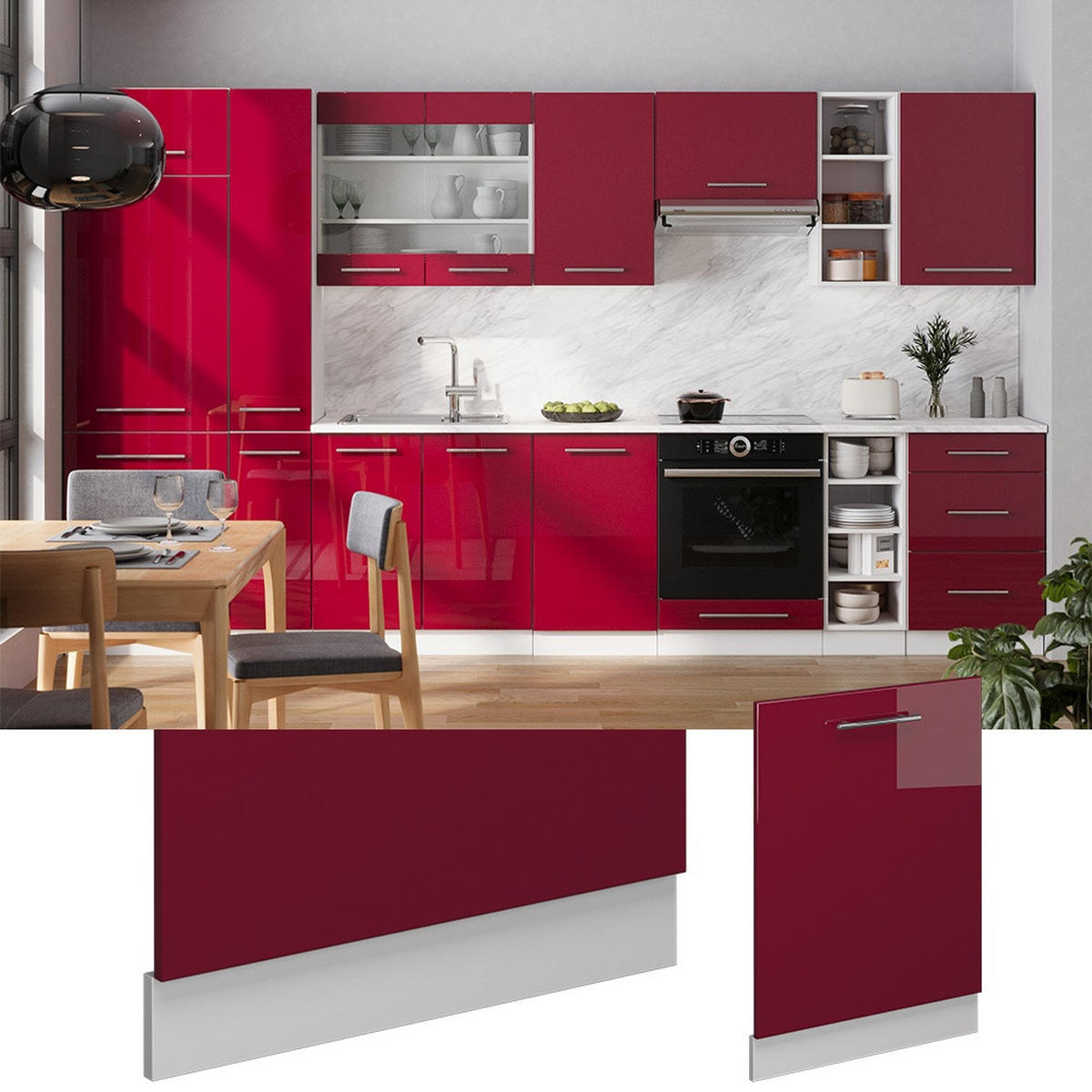 SPREDNJA PLOŠČA POMIVALNEGA STROJA Fame-Line Bordo rdeča barva visokega sijaja 60 cm , DP Antracit - bela/bordo, leseni material (60/81.8/1.6cm) - Vicco