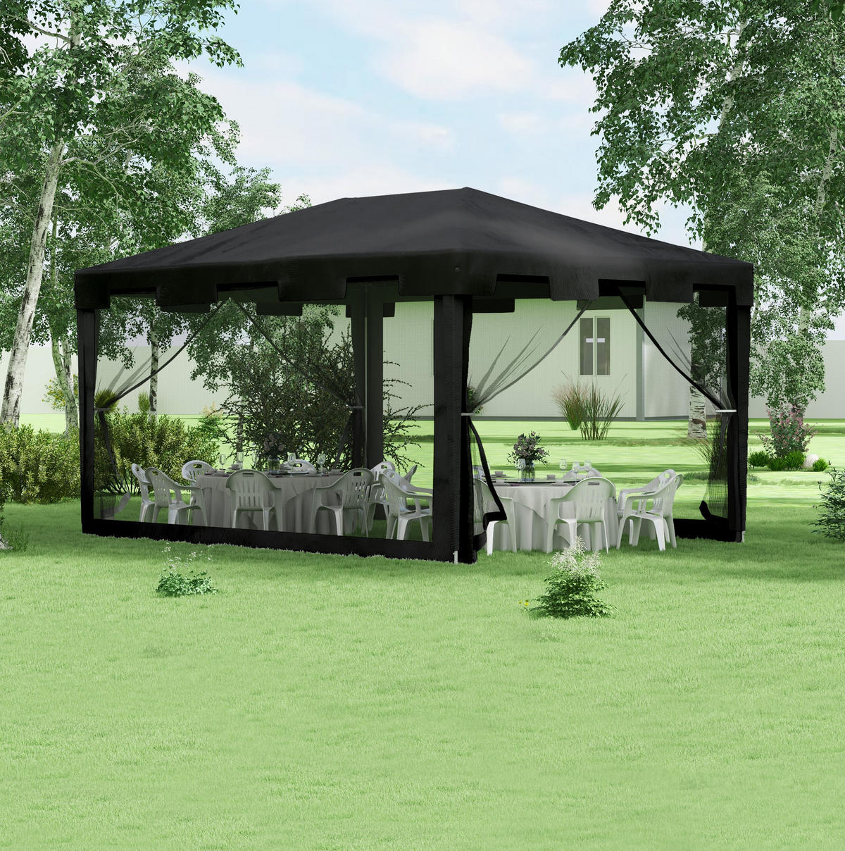 PAVILLON 395/295/255 cm mit Moskitonetz, wasserabweisendem Dach und Metallgestell, Dunkelgrau - Dunkelgrau, Metall (295/255/395cm) - Redom