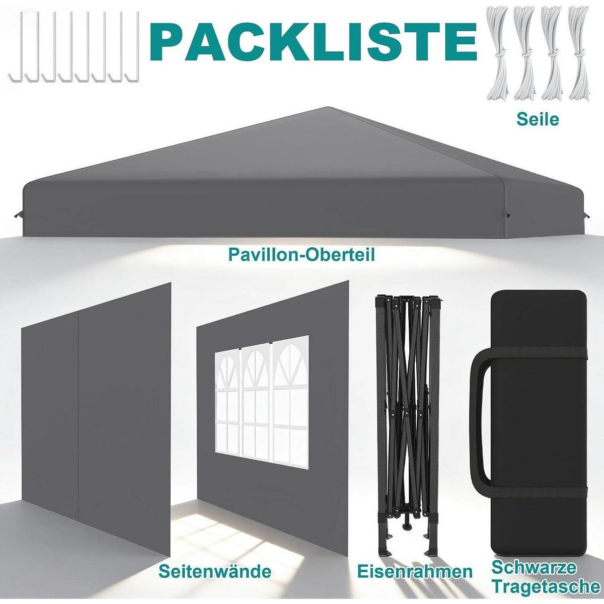 FALTPAVILLON 2,5 x 2,5 m Silbergrau mit Seitenwänden - Grau, Textil (250/260/250cm)