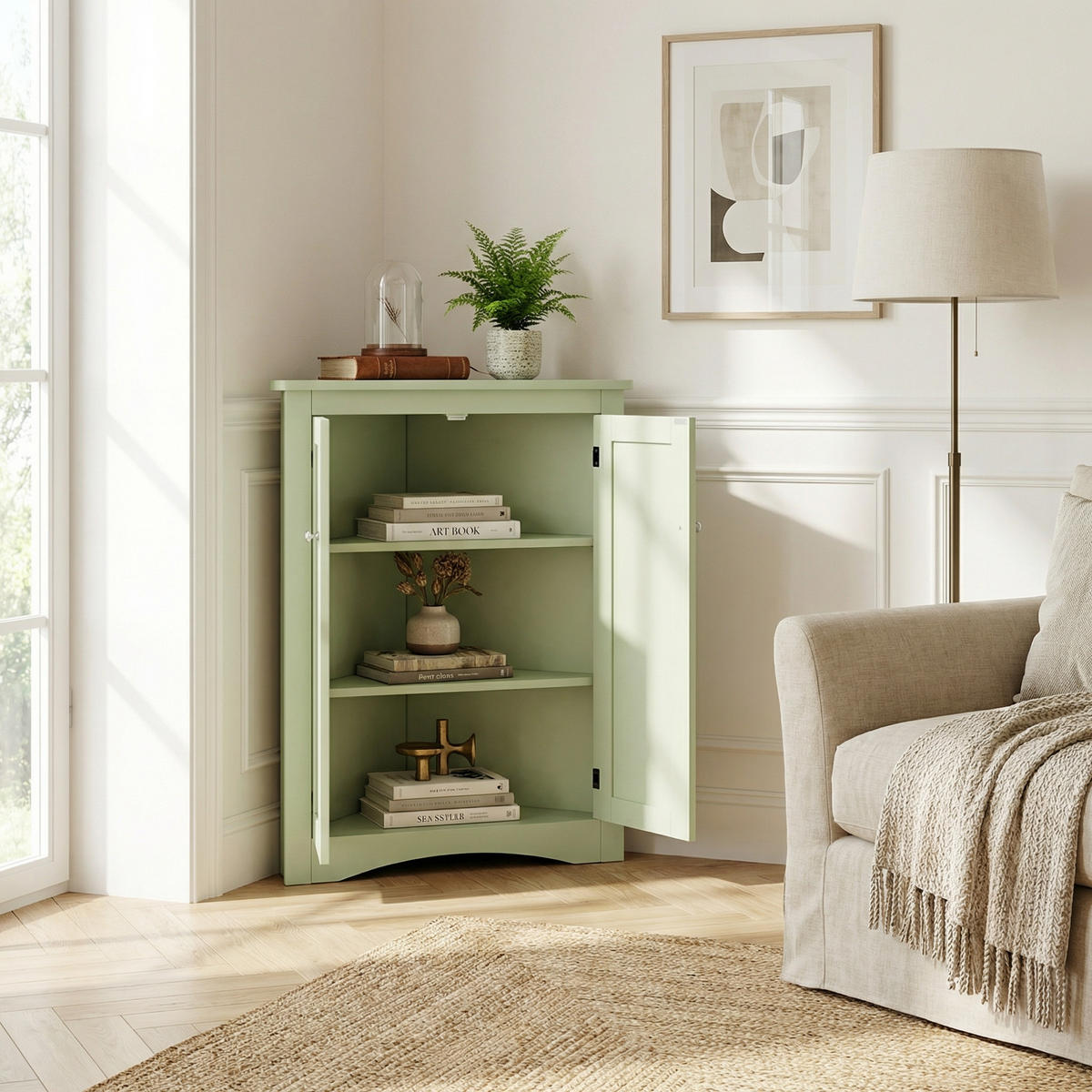 HÖRNSKÅP I Grönt 90 cm med 2 Dörrar & 3 Hyllplan - Mintgrön, Träbaserade material (61/90/34cm) - Urban Meuble